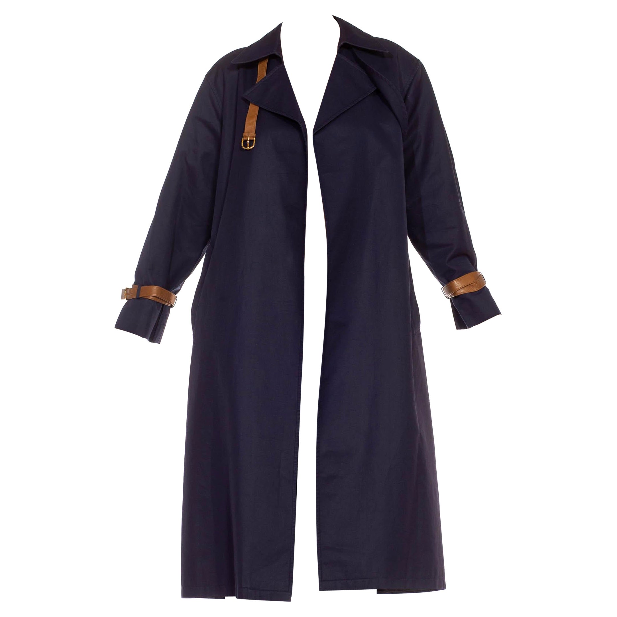 1970S Gucci Navy 
Brown Polyester Leather Open Trench Coat With Belt Buckle Tr