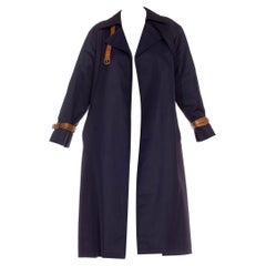 Vintage 1970S Gucci Navy & Brown Polyester Leather Open Trench Coat With Belt Buckle Tr