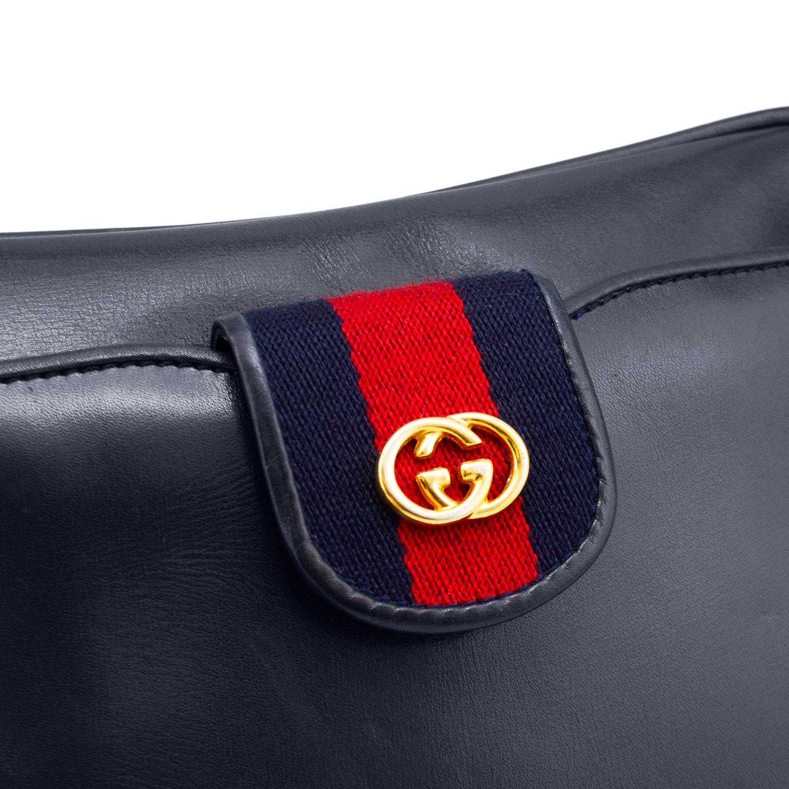 Black 1970's Gucci Navy Leather with Red and Navy Webbing Shoulder Bag