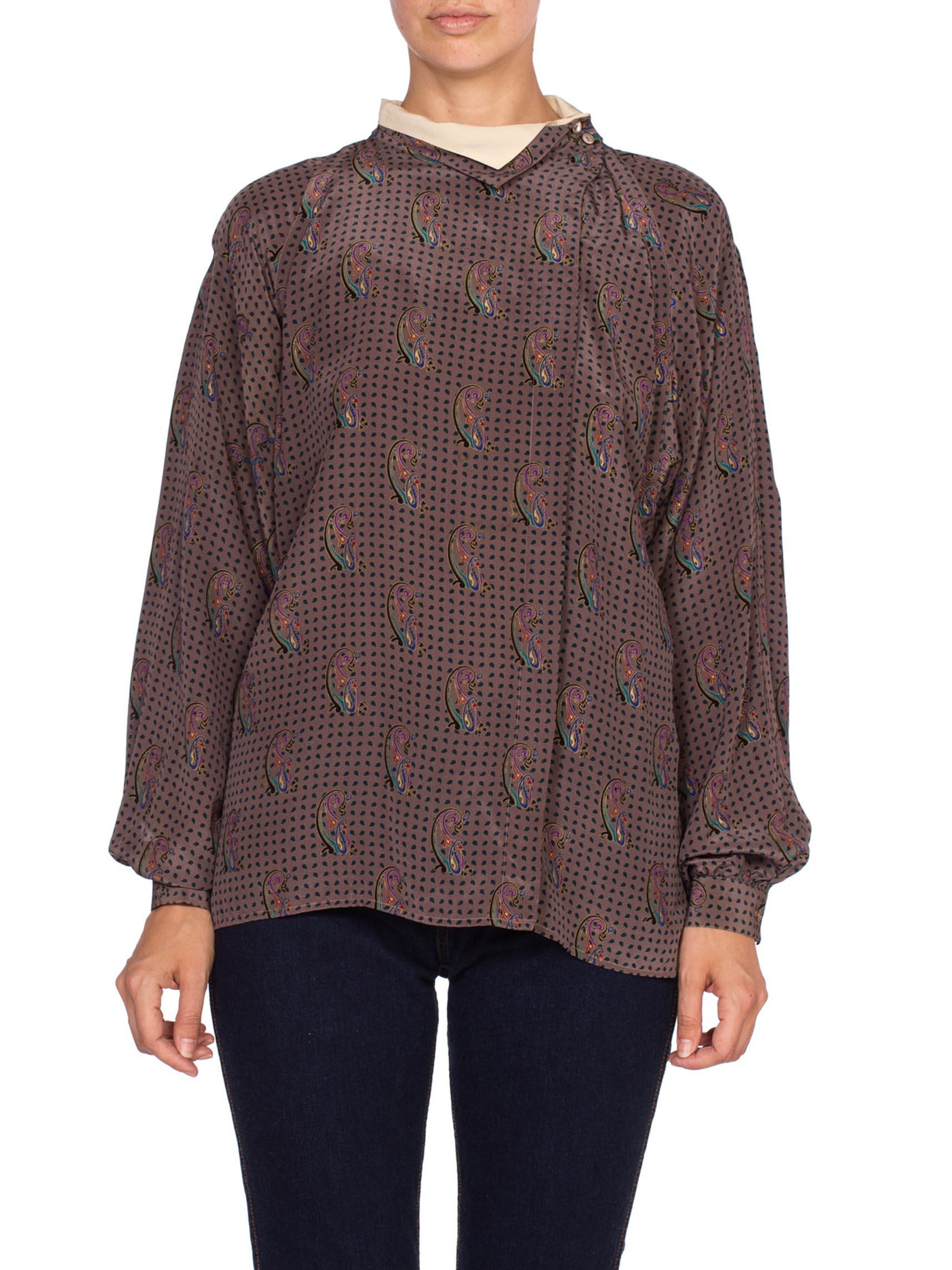Black 1970'S GUCCI Paisley Silk Blouse With Metallic Gold Print Top For Sale