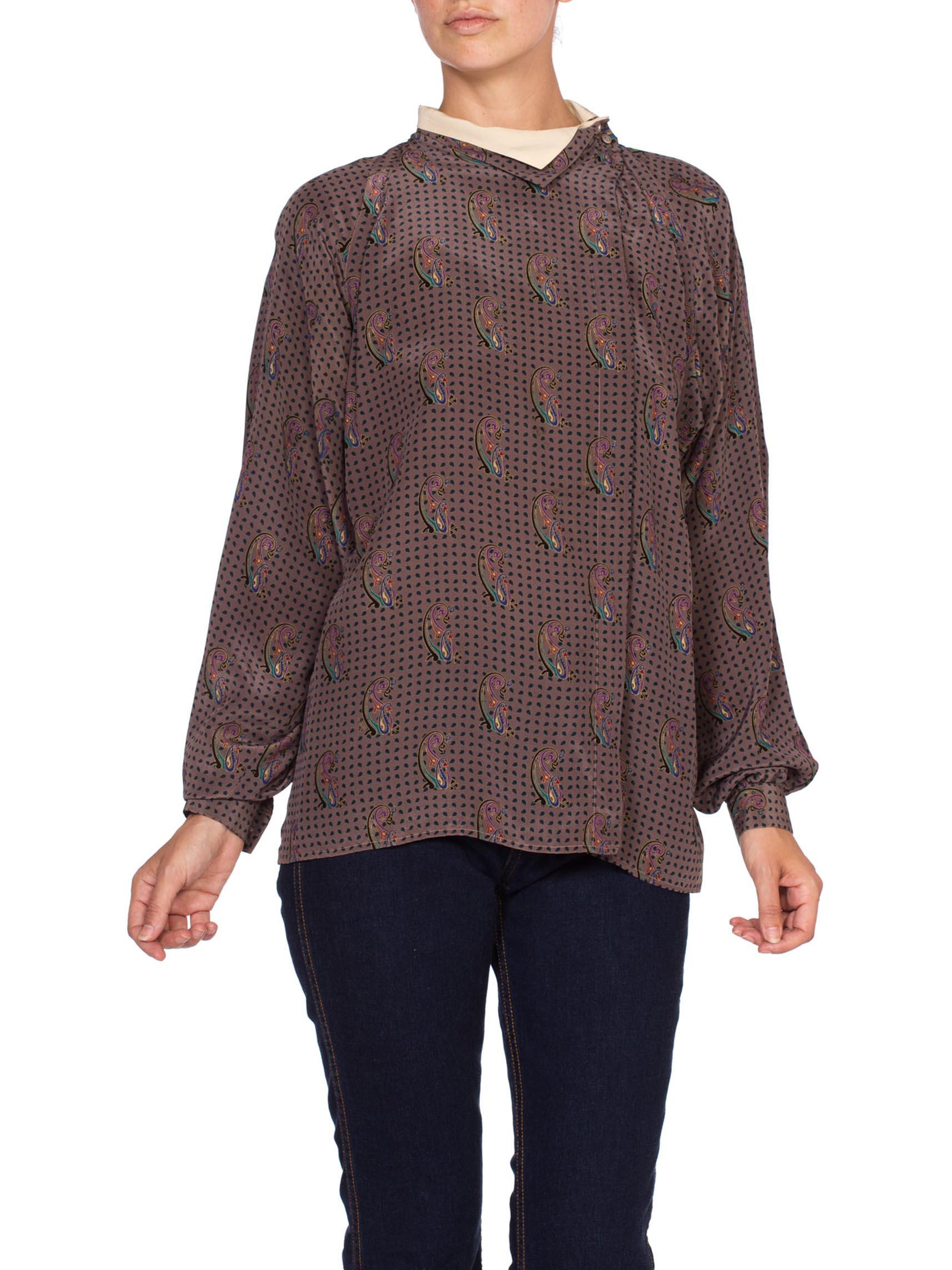 1970'S GUCCI Paisley Silk Blouse With Metallic Gold Print Top For Sale 4