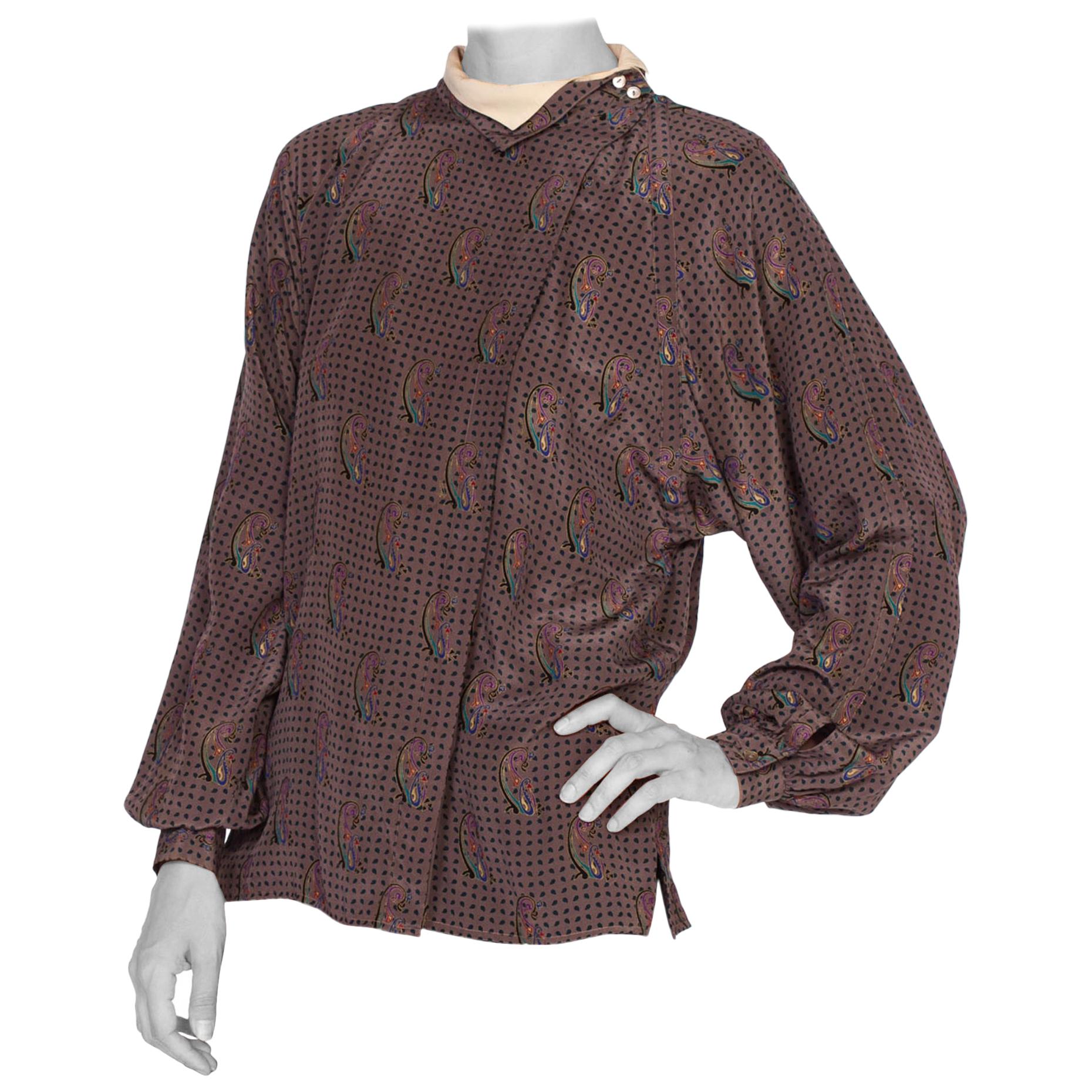 1970'S GUCCI Paisley Silk Blouse With Metallic Gold Print Top For Sale