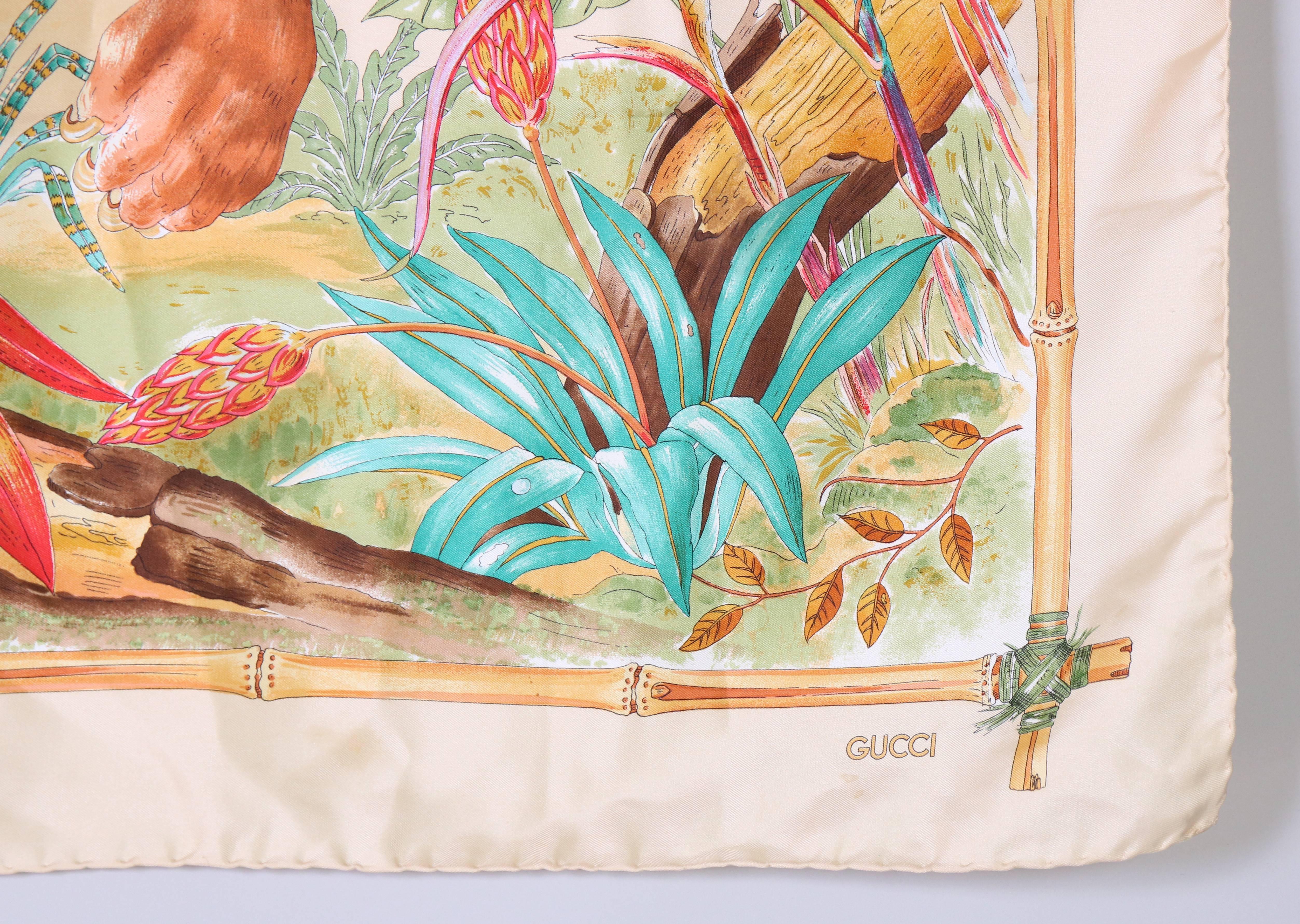 1970's Gucci Silk Scarf Featuring a Tiger Against A Jungle Background In Good Condition For Sale In Studio City, CA