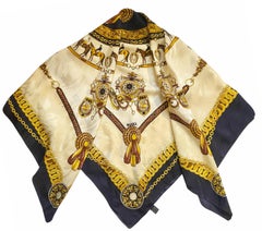 1970s Gucci Silk Scarf Navy & Gold Equestrian Chain Print