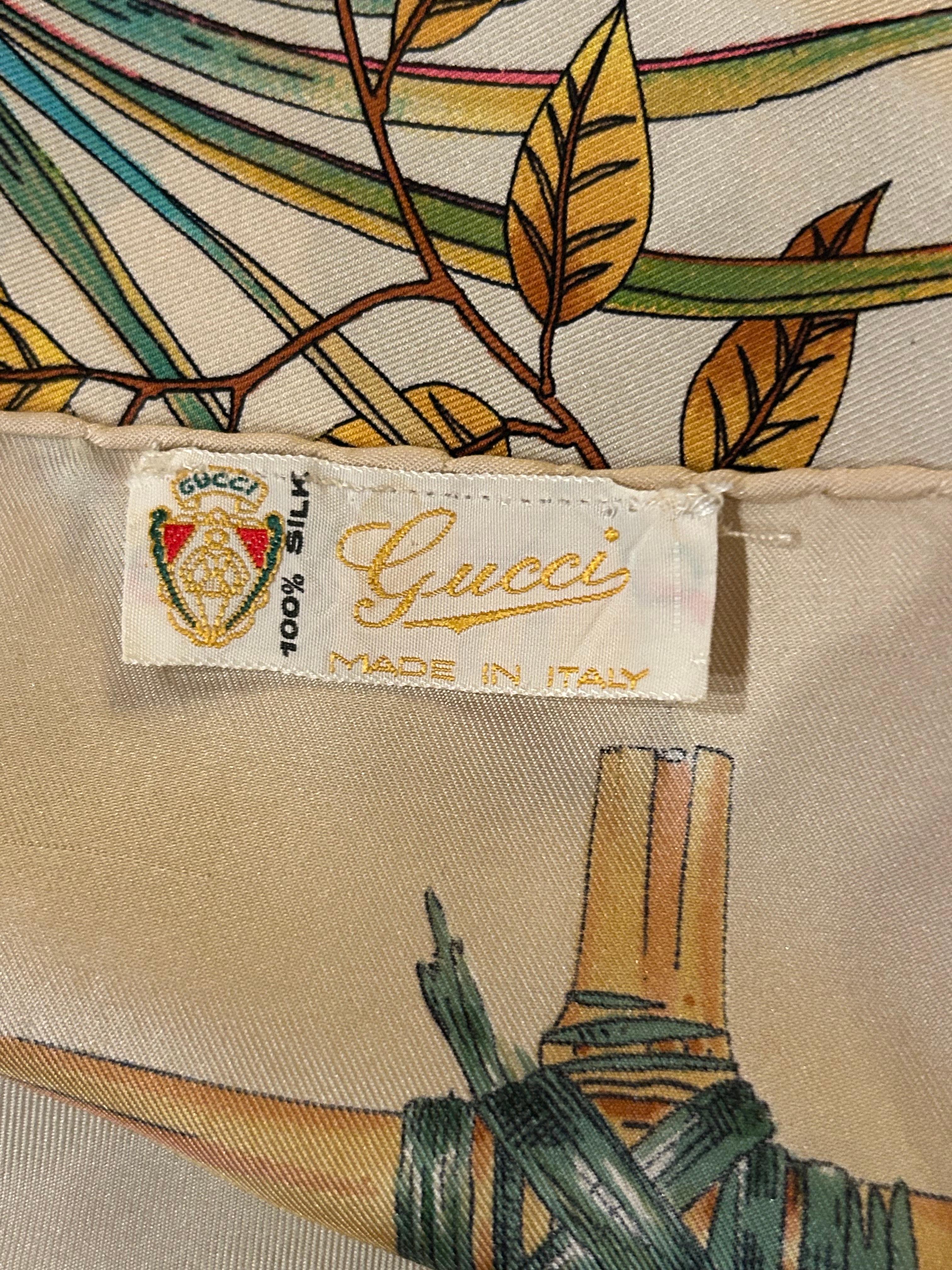 Women's 1970's Gucci Silk Scarf w/Tiger Set Against A Jungle Background & Bamboo Motif For Sale