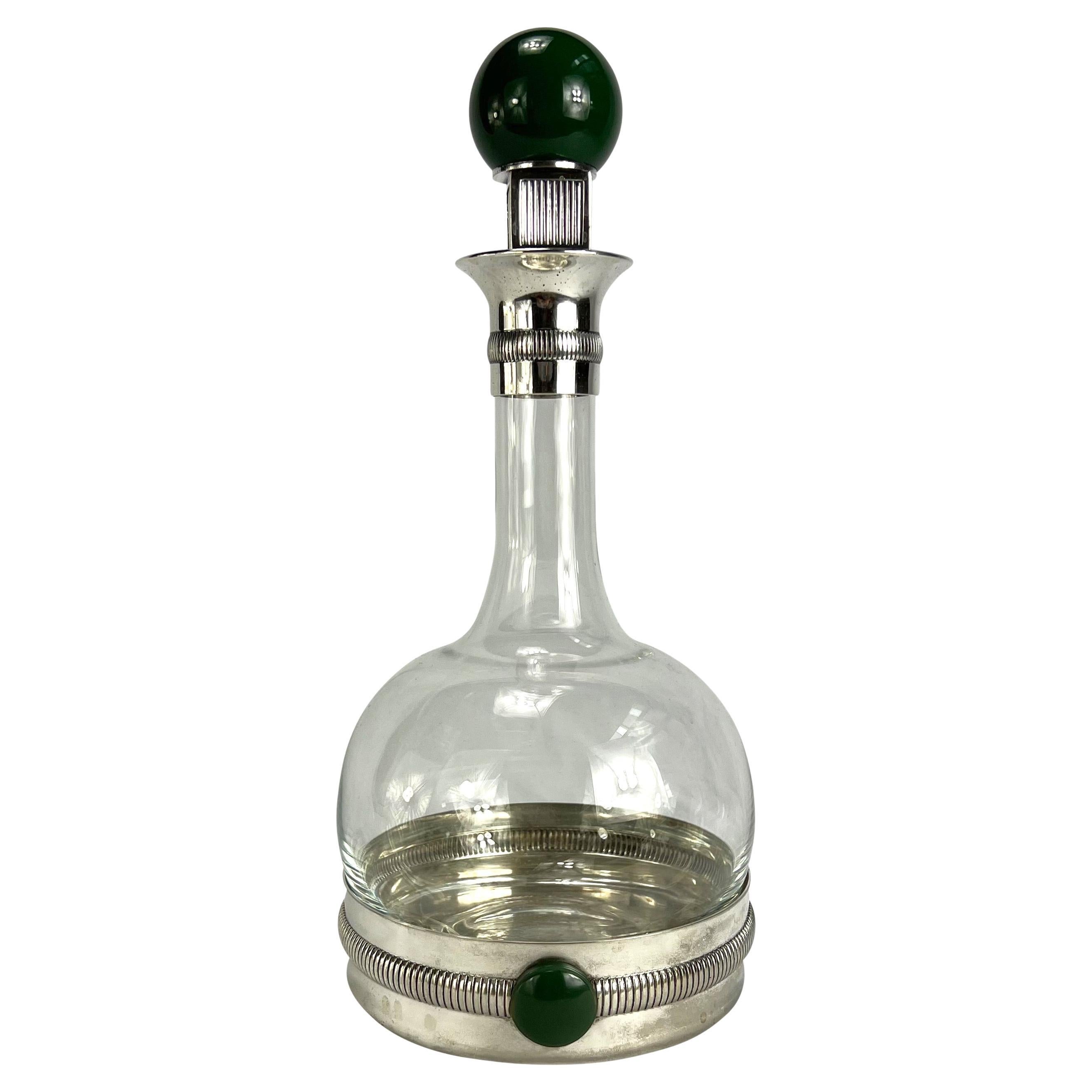 1970s Gucci Silverplate Green Accented Glass Decorative Decanter For Sale