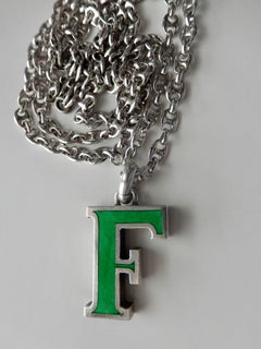 Gucci Sterling Silver Enameled Letter Pendant with Chain, 1970s