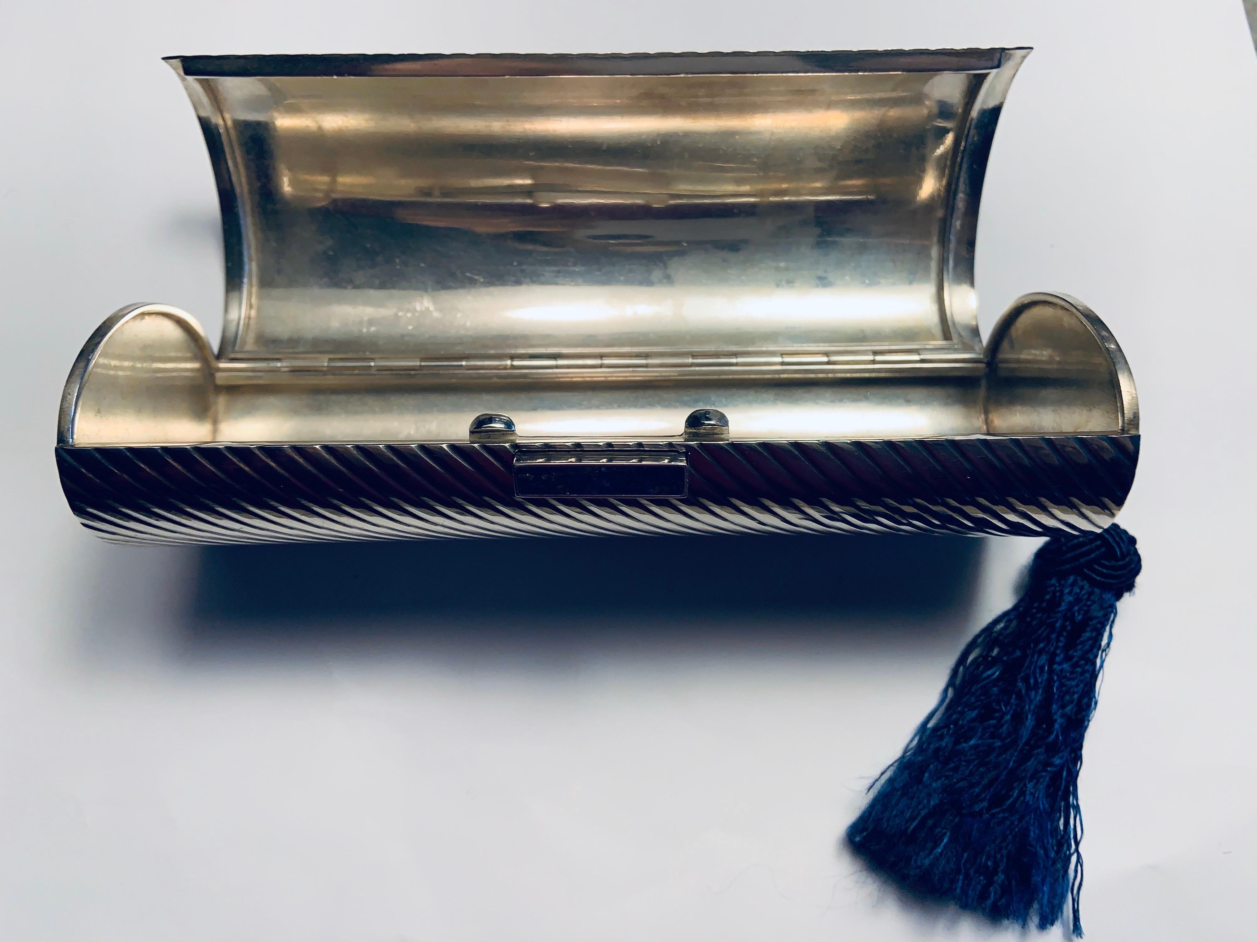 1970's Gucci Sterling Silver Minaudiere with Lapis Clasp and Blue Silk Tassel 3