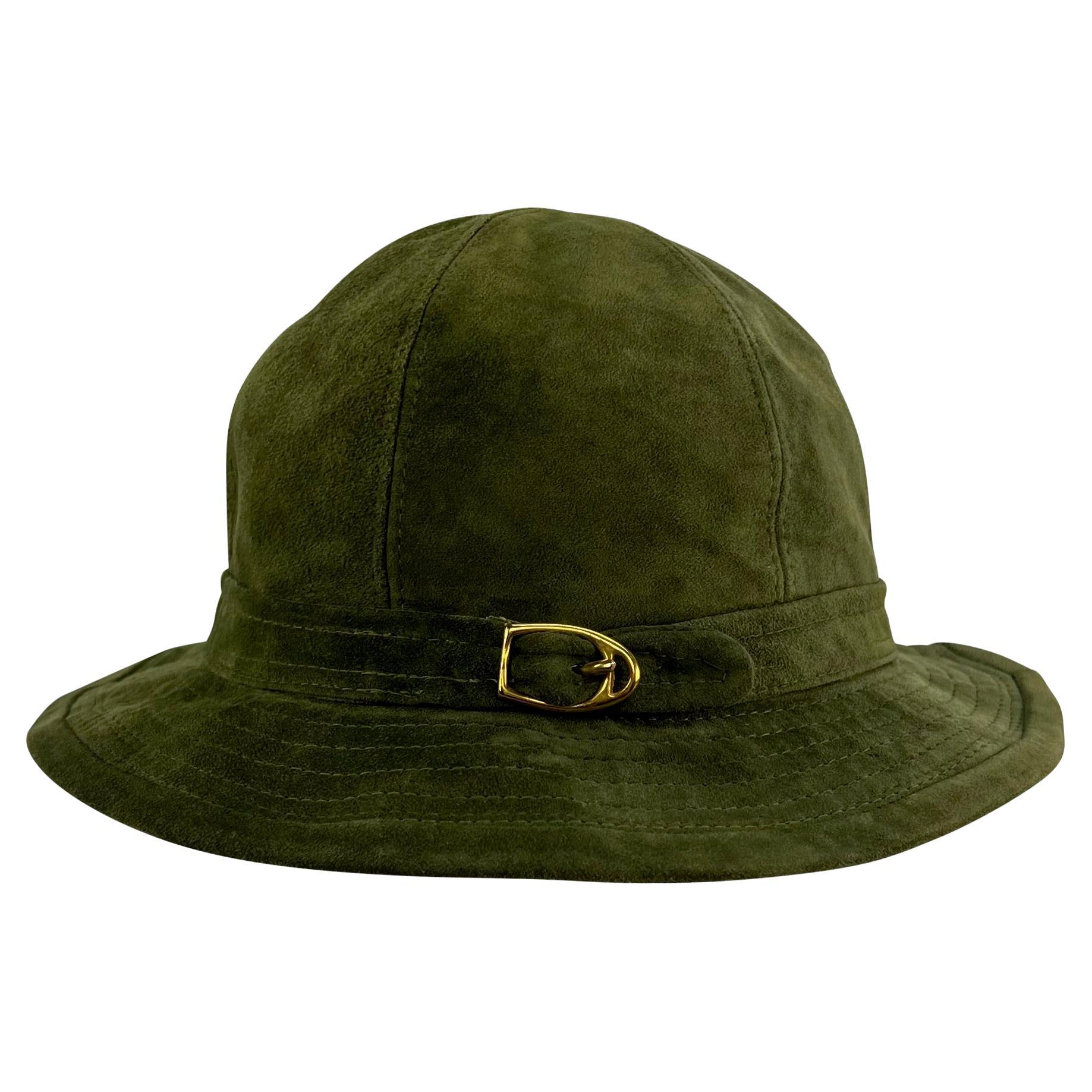 1970s Gucci Stirrup Buckle Dark Olive Green Suede Bucket Hat