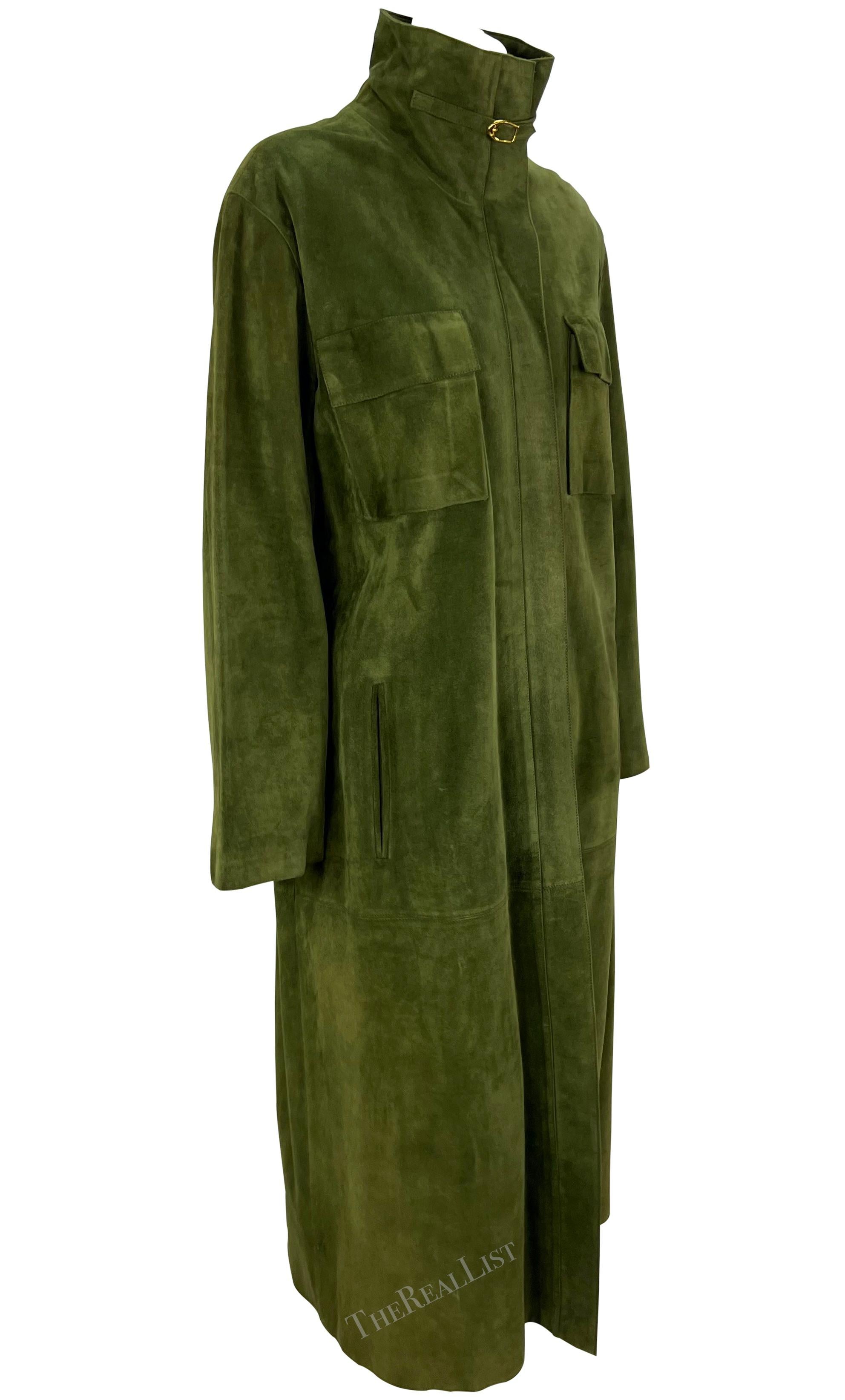 1970s Gucci Stirrup Buckle Green Suede Pocket Full-Length Oversized Trench Coat For Sale 3