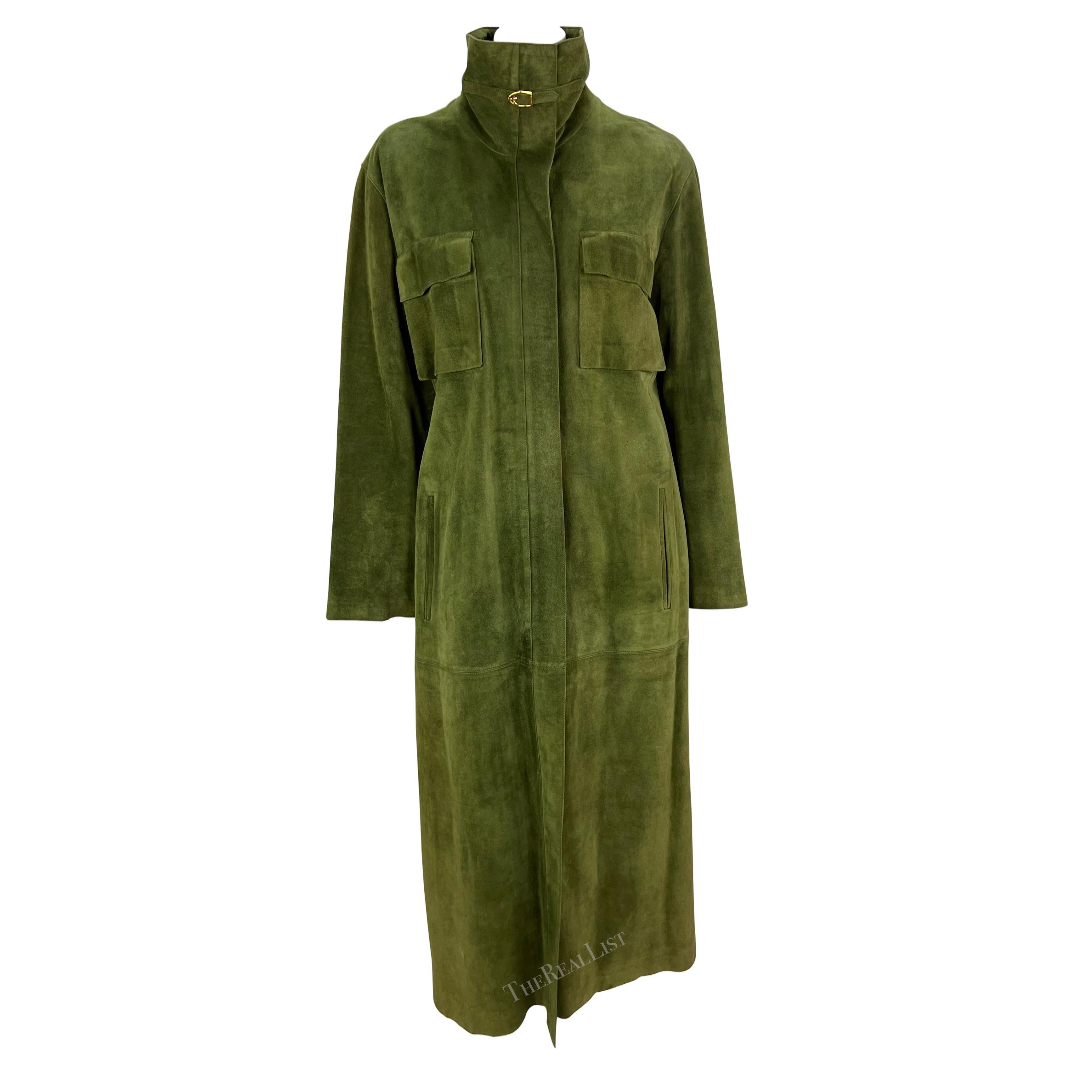 1970s Gucci Stirrup Buckle Green Suede Pocket Full-Length Oversized Trench Coat For Sale