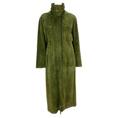 Used 1970s Gucci Stirrup Buckle Green Suede Pocket Full-Length Oversized Trench Coat