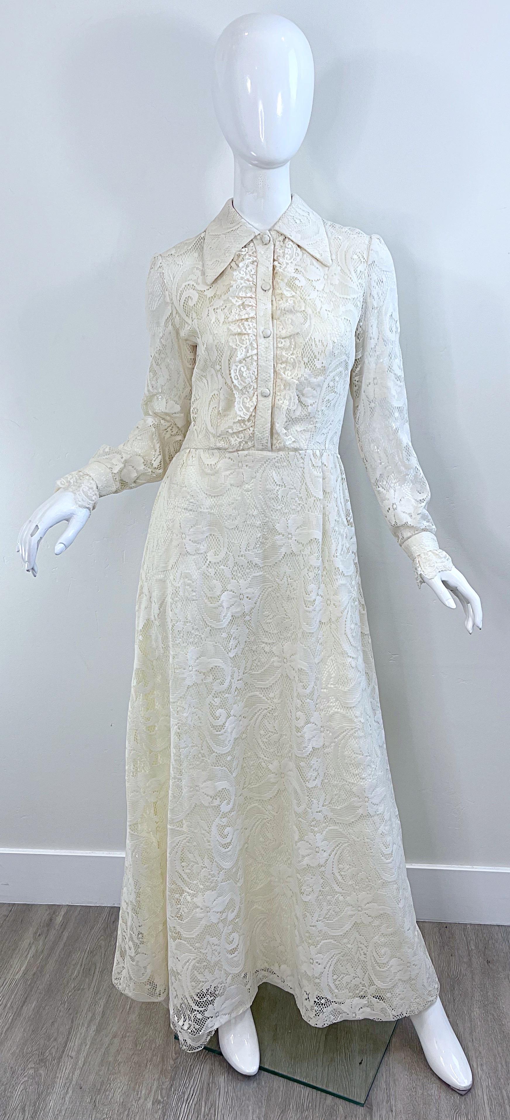 1970s Gucci Style Ivory Lace Flowers Tuxedo Vintage 70s Maxi Dress Gown For Sale 6