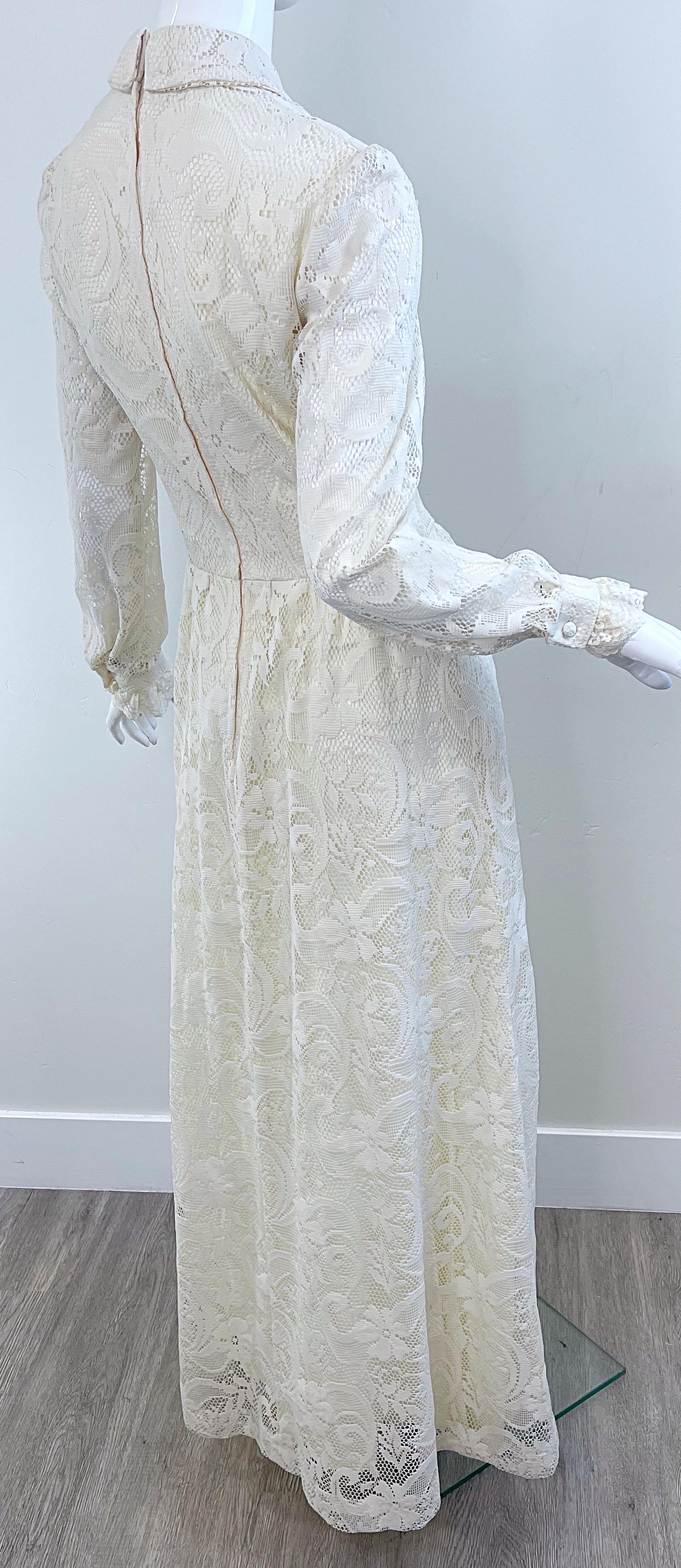 1970s Gucci Style Ivory Lace Flowers Tuxedo Vintage 70s Maxi Dress Gown For Sale 7