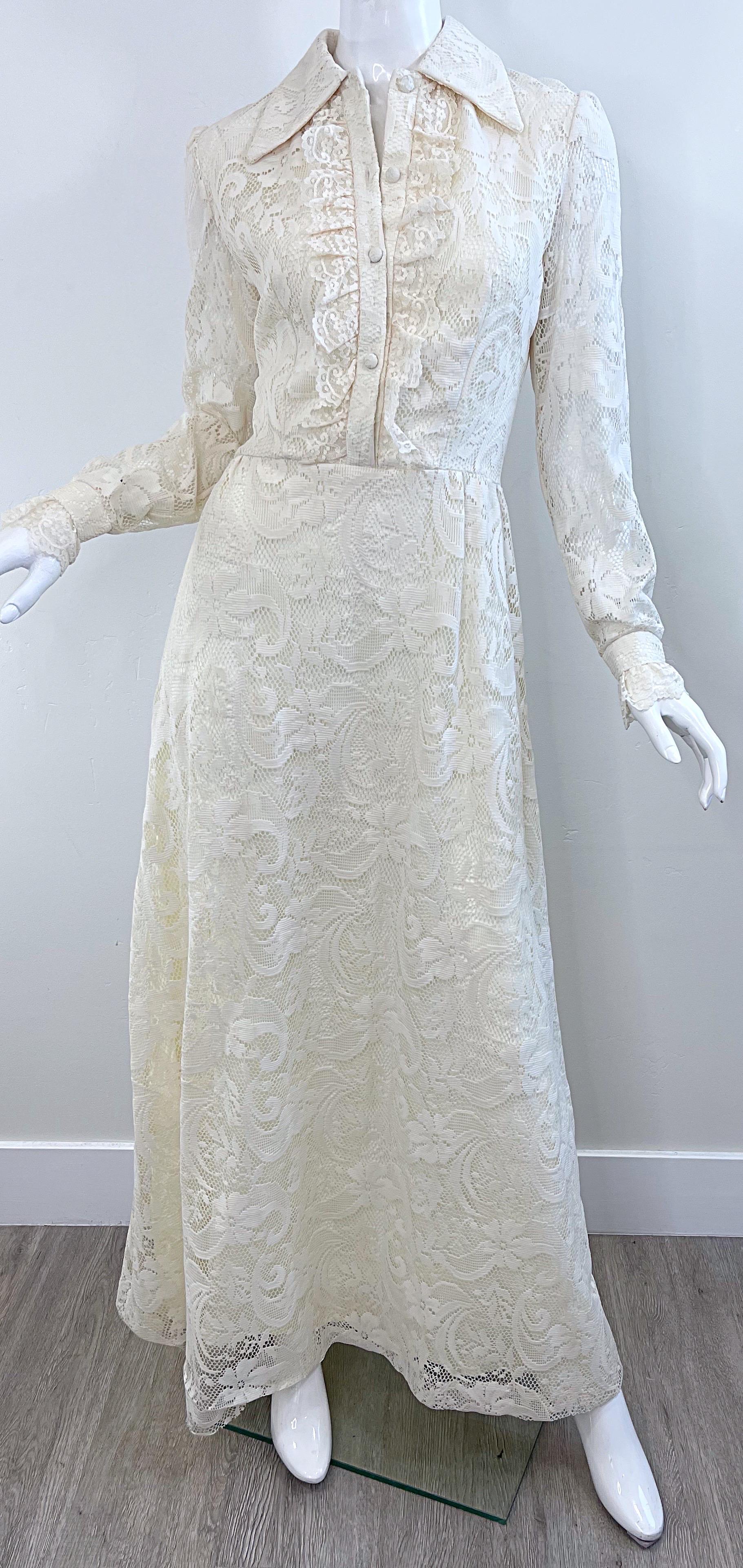 1970s Gucci Style Ivory Lace Flowers Tuxedo Vintage 70s Maxi Dress Gown For Sale 8
