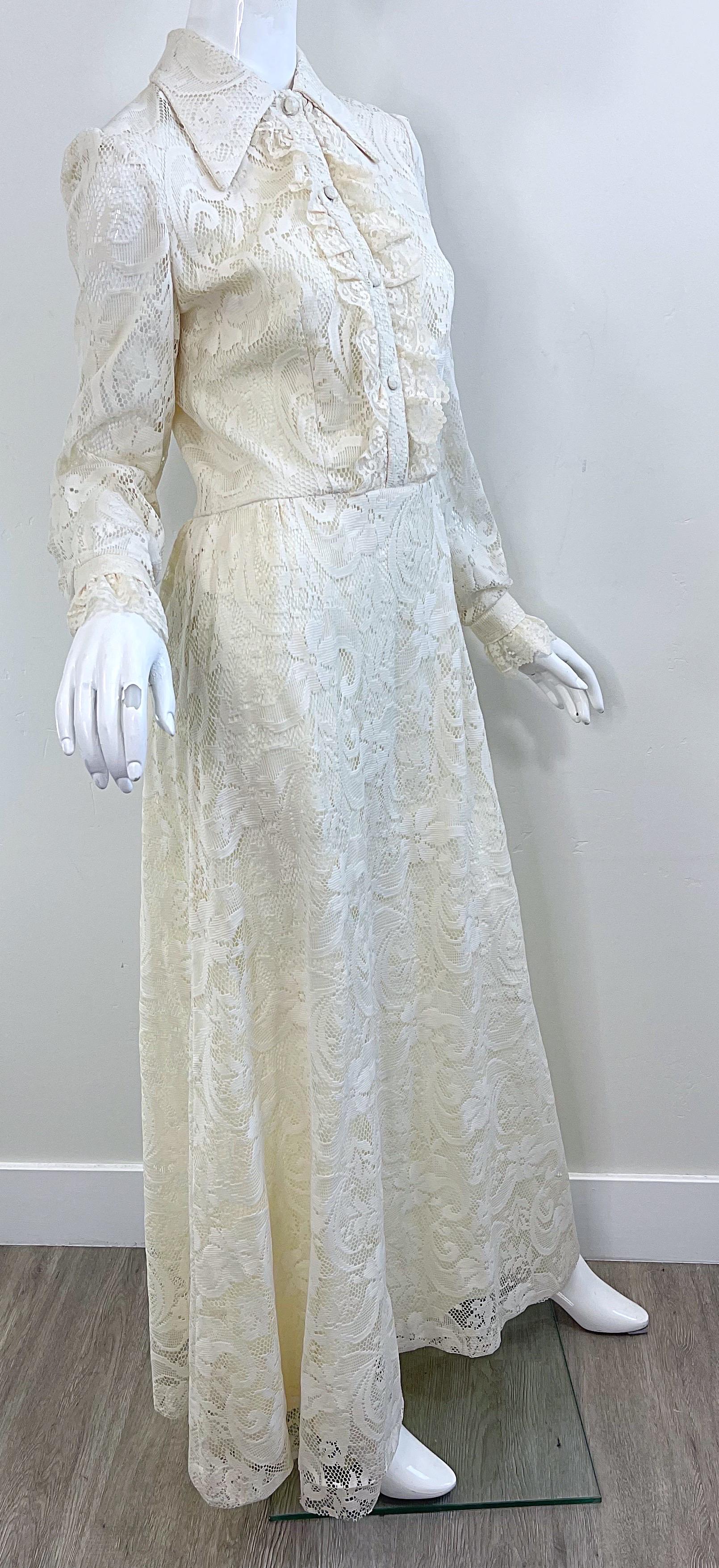 1970s Gucci Style Ivory Lace Flowers Tuxedo Vintage 70s Maxi Dress Gown For Sale 9