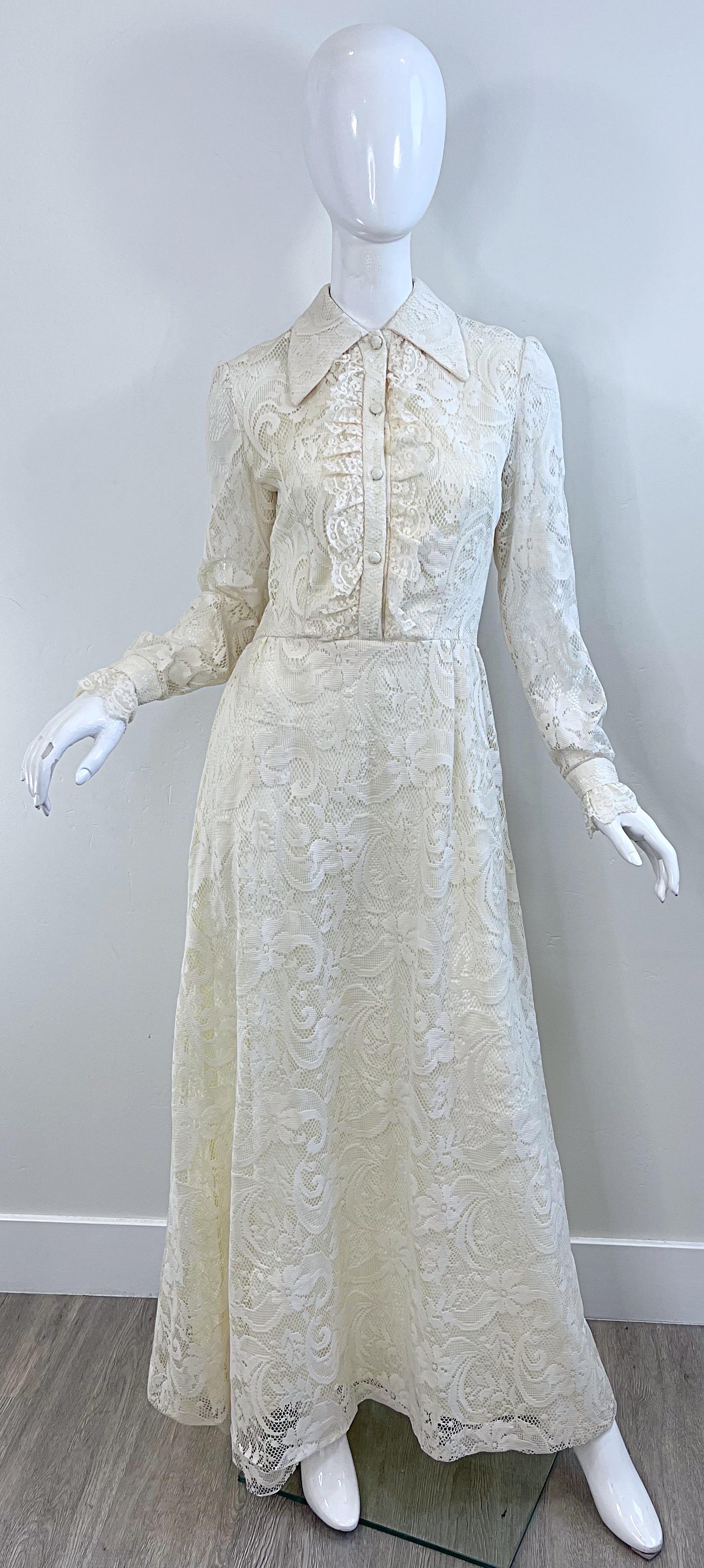 1970s Gucci Style Ivory Lace Flowers Tuxedo Vintage 70s Maxi Dress Gown For Sale 10