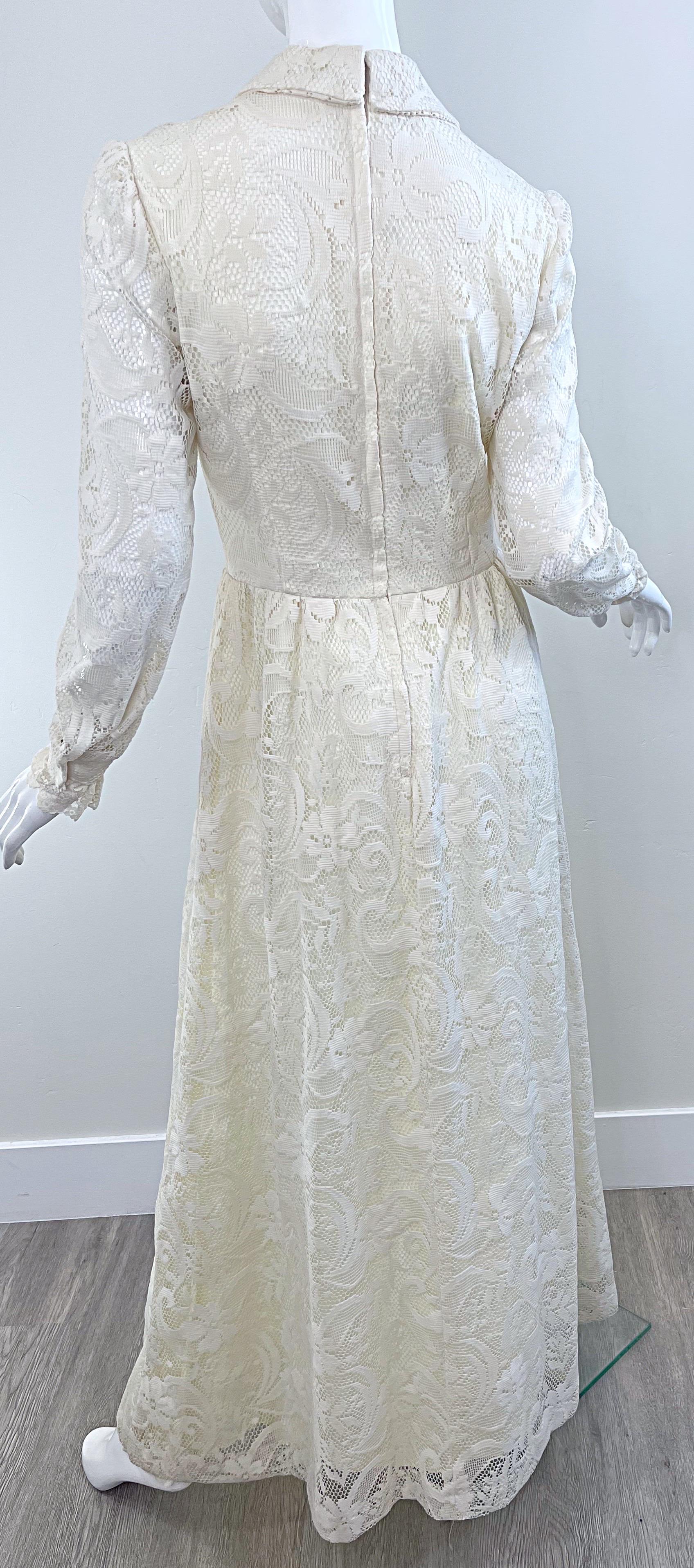 1970s Gucci Style Ivory Lace Flowers Tuxedo Vintage 70s Maxi Dress Gown For Sale 11