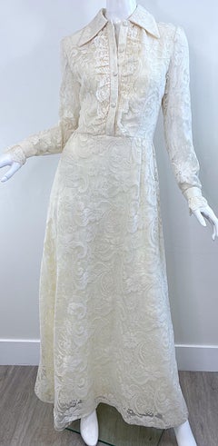 1970s Gucci Style Ivory Lace Flowers Tuxedo Vintage 70s Maxi Dress Gown
