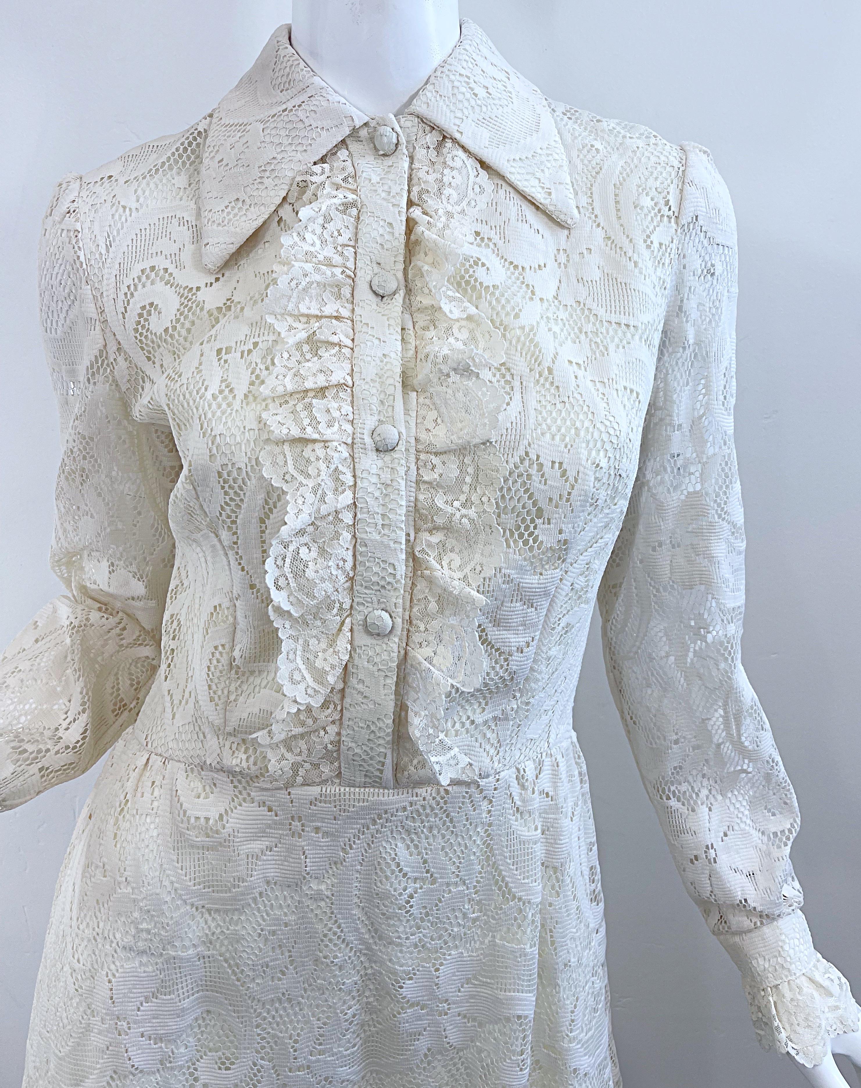 Gray 1970s Gucci Style Ivory Lace Flowers Tuxedo Vintage 70s Maxi Dress Gown For Sale