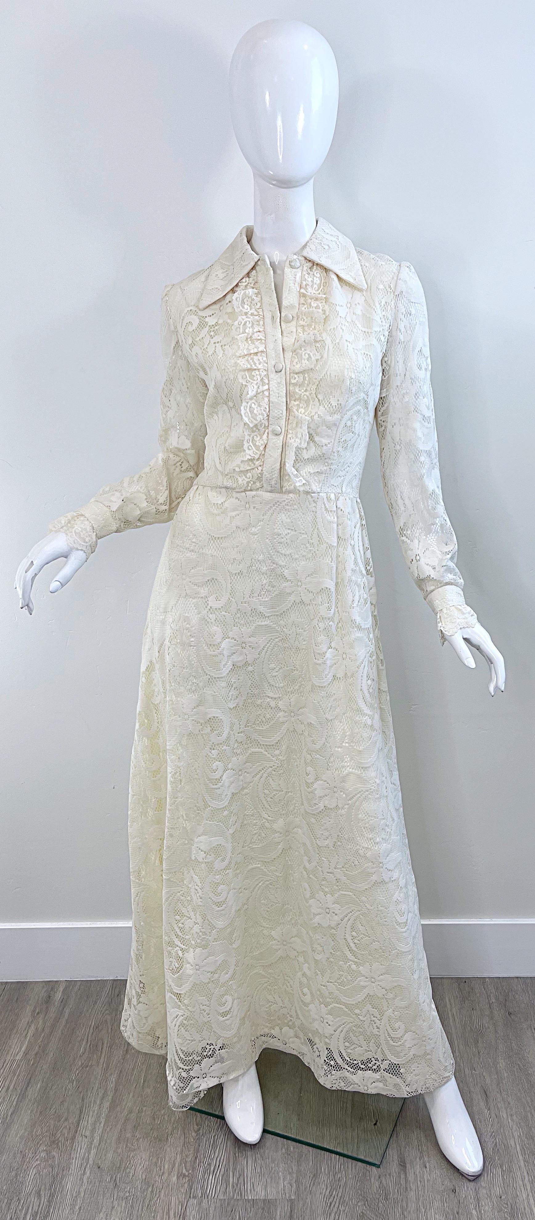 1970s Gucci Style Ivory Lace Flowers Tuxedo Vintage 70s Maxi Dress Gown For Sale 1
