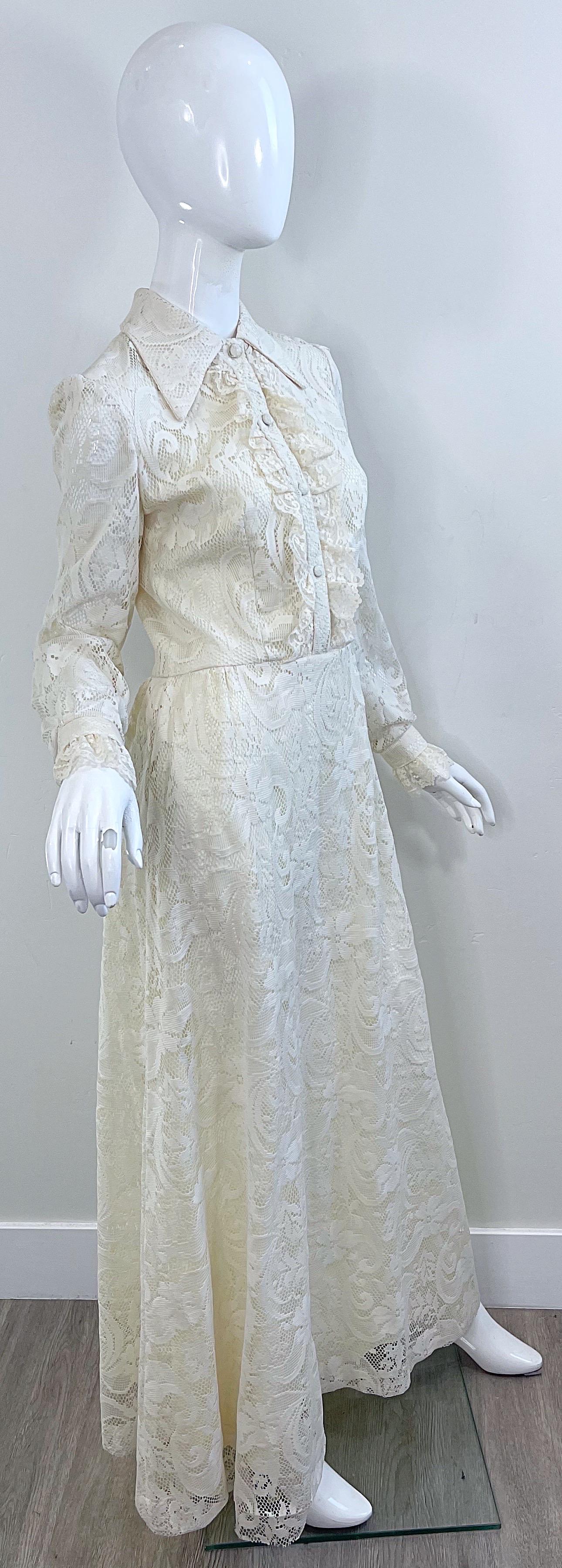 1970s Gucci Style Ivory Lace Flowers Tuxedo Vintage 70s Maxi Dress Gown For Sale 2