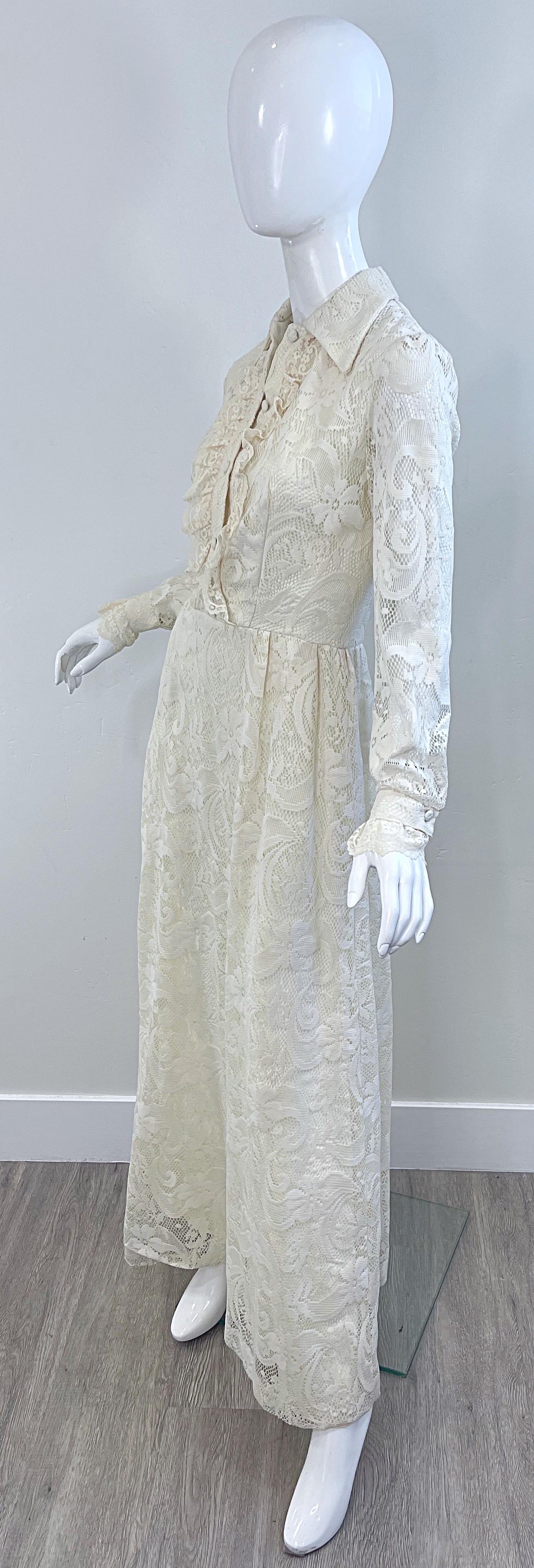 1970s Gucci Style Ivory Lace Flowers Tuxedo Vintage 70s Maxi Dress Gown For Sale 3