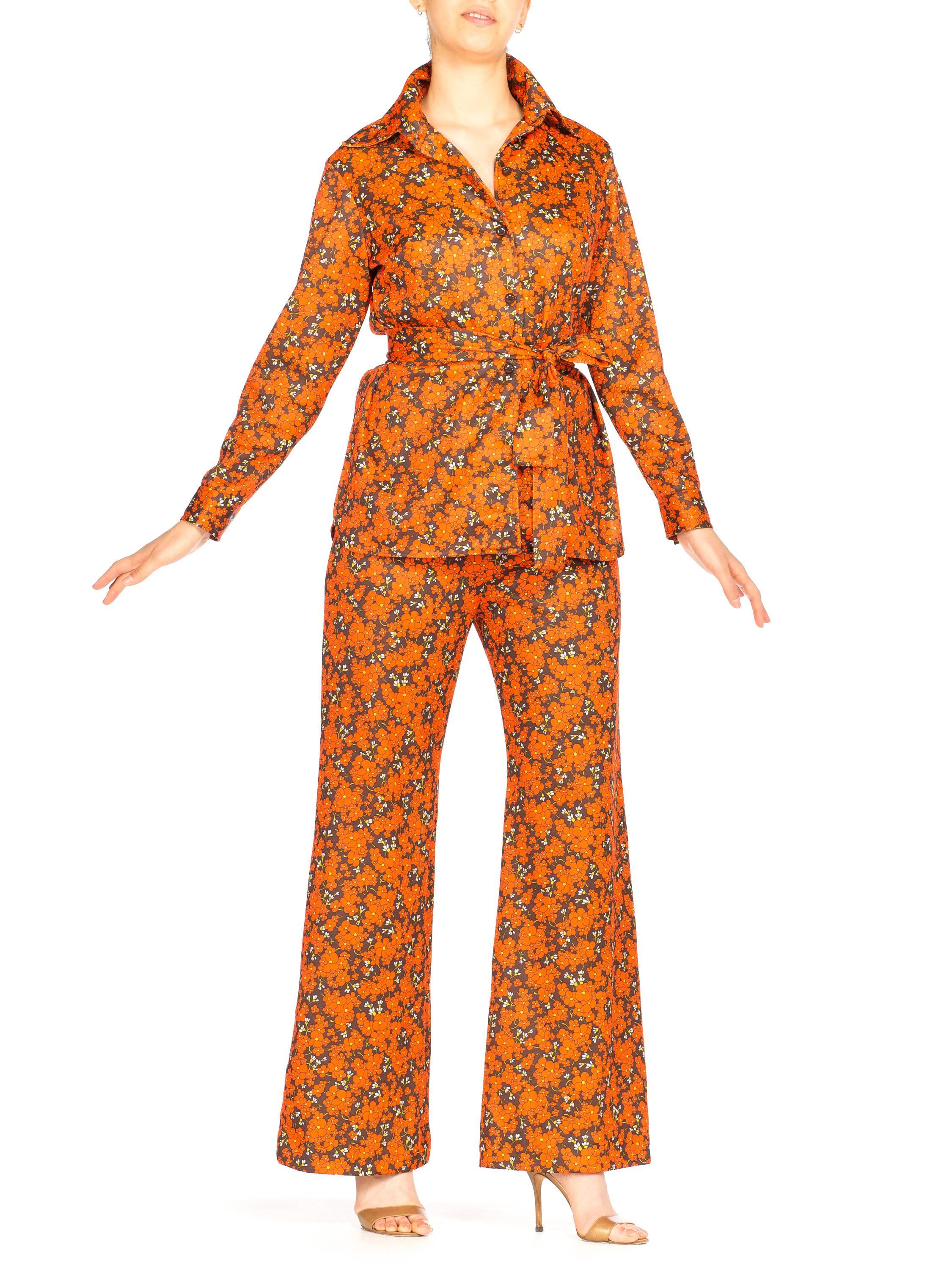 Orange and Brown Floral Mod Disco Pantsuit Set, 1970s 8