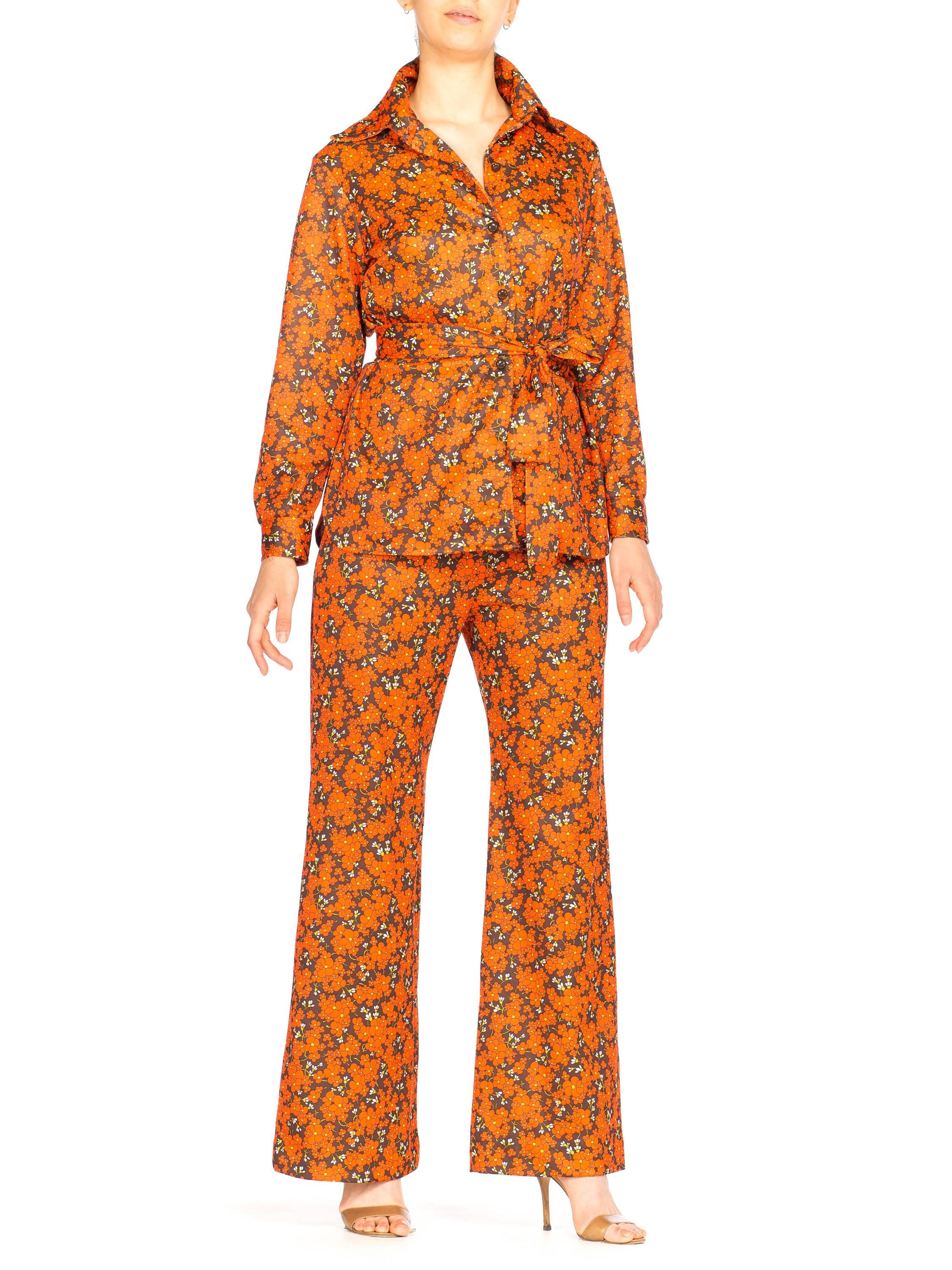 1970s Orange and Brown Floral Poly Pantsuit Mod Disco Set