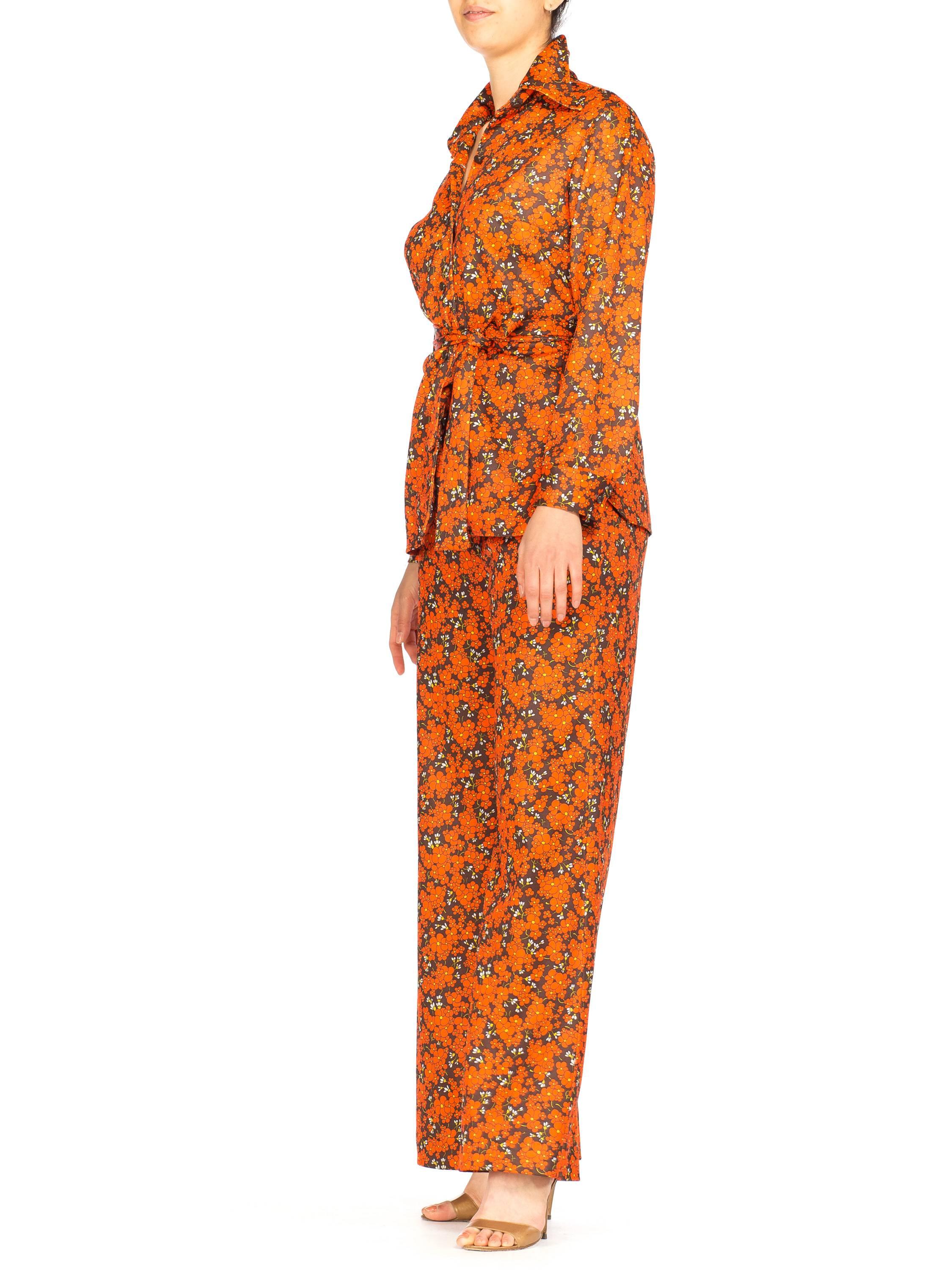 Orange and Brown Floral Mod Disco Pantsuit Set, 1970s In Excellent Condition In New York, NY