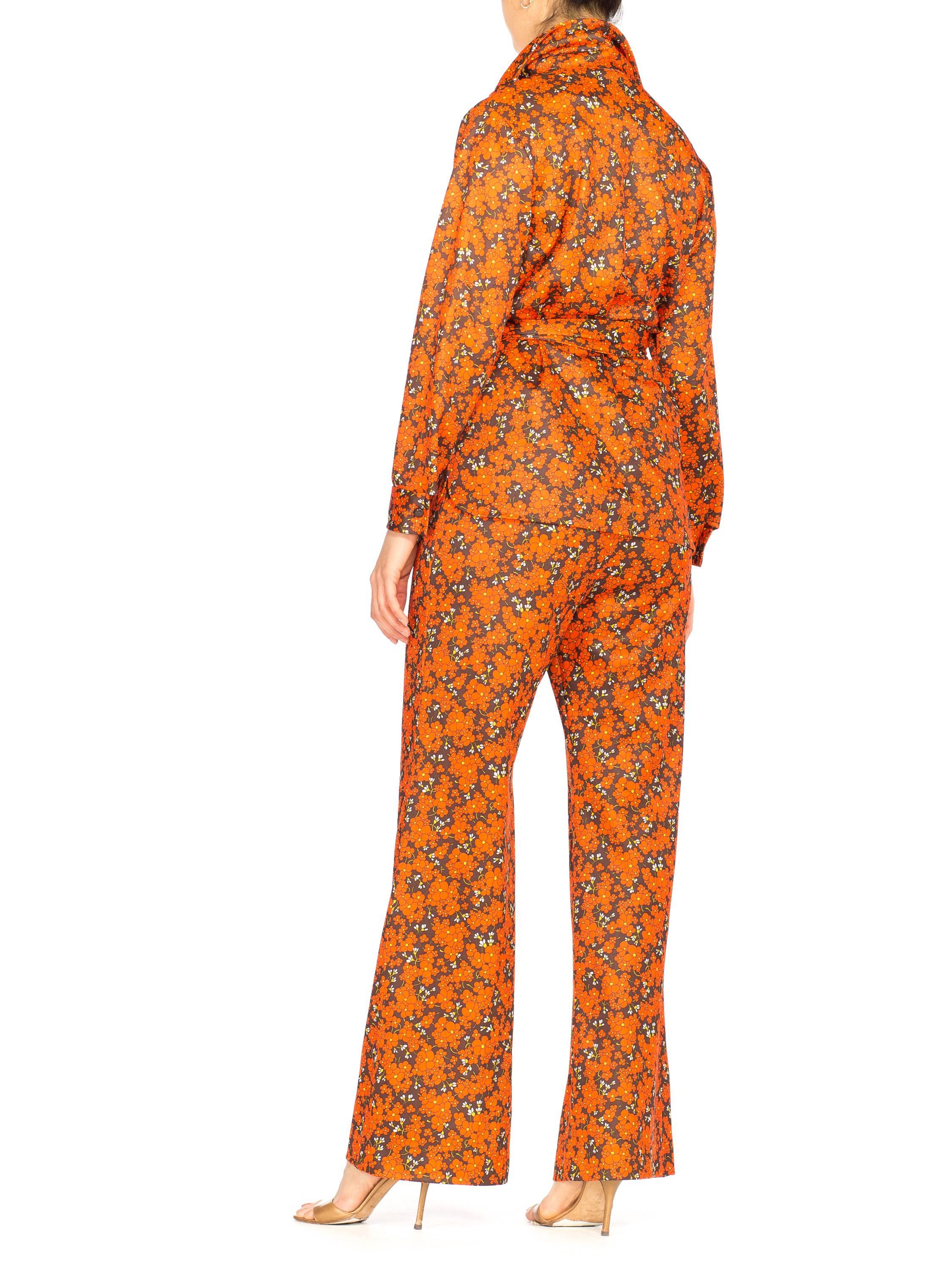 Orange and Brown Floral Mod Disco Pantsuit Set, 1970s 1