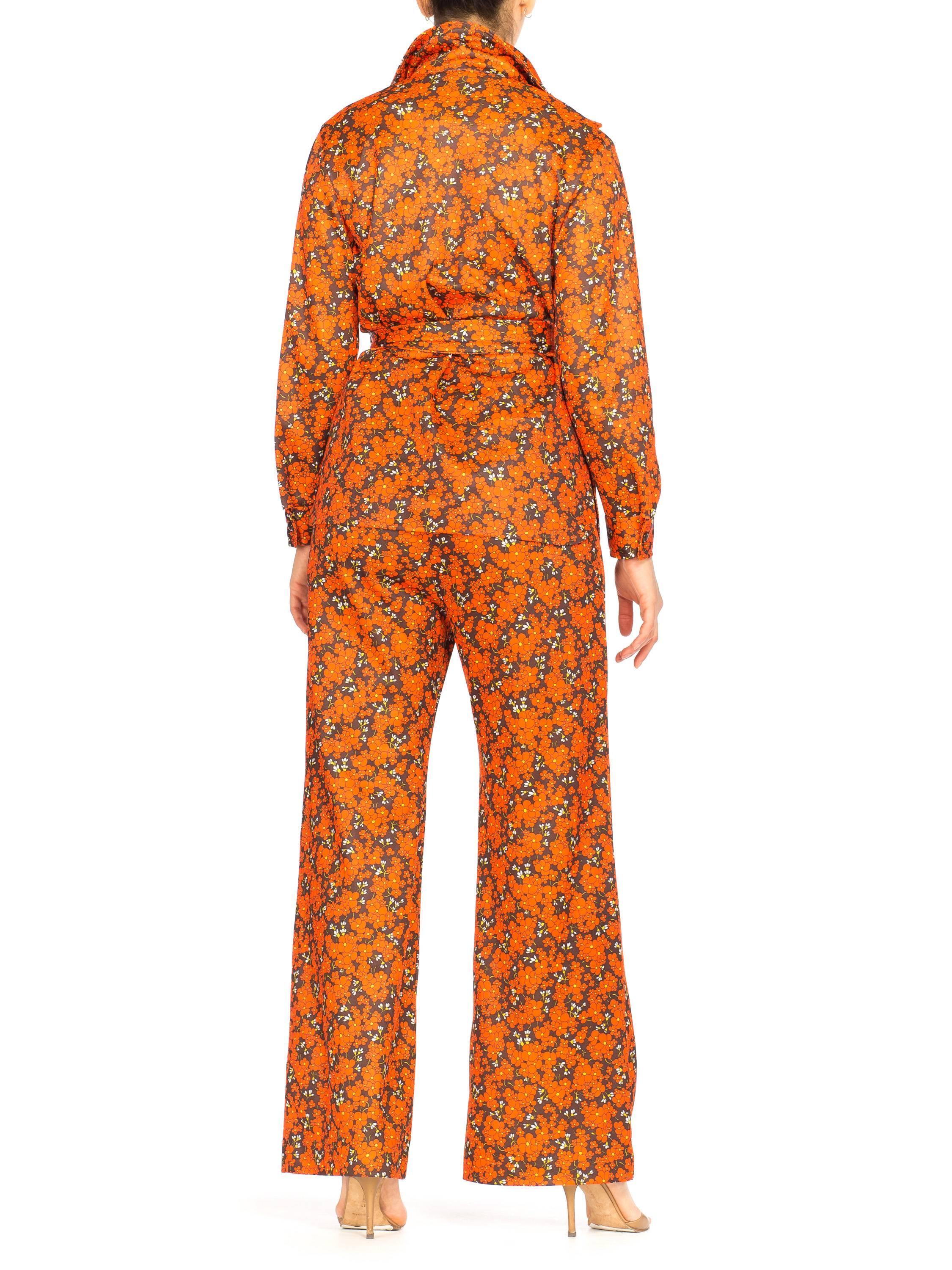 Orange and Brown Floral Mod Disco Pantsuit Set, 1970s 2