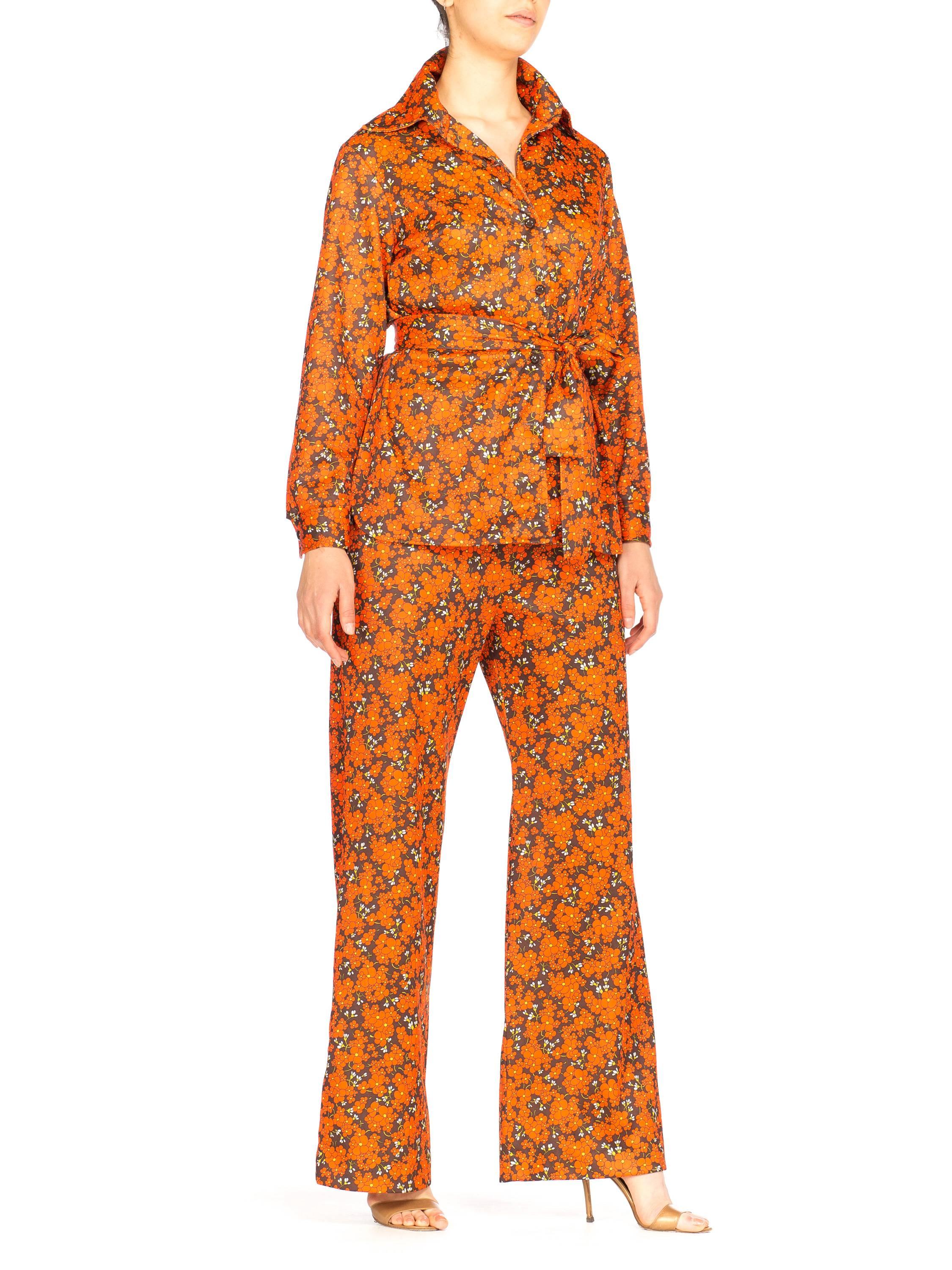 Orange and Brown Floral Mod Disco Pantsuit Set, 1970s 4