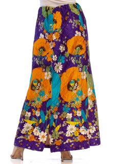 1970S Purple Quilted Acetate Mod Floral Printed Maxi Skirt Gucci Style