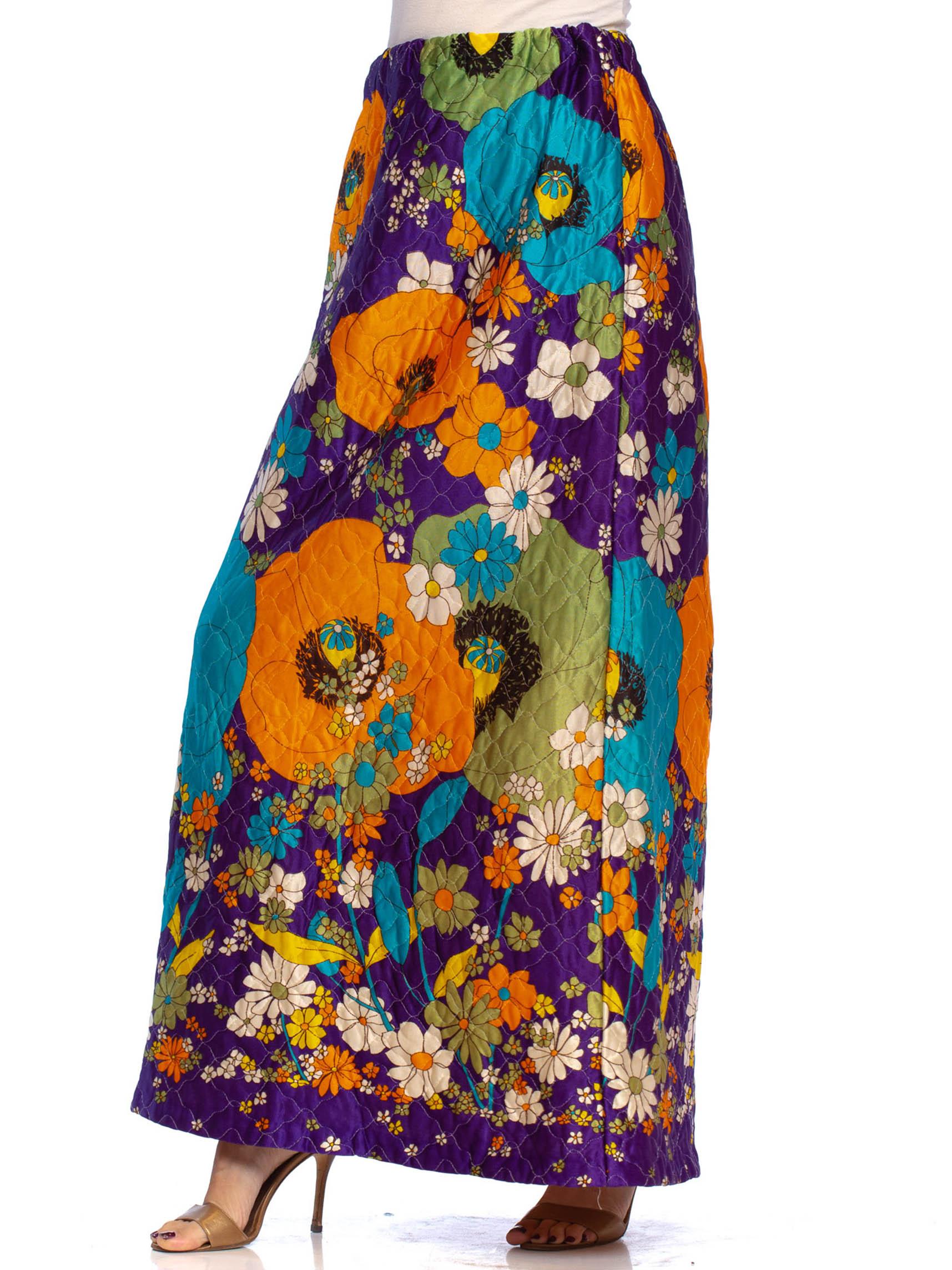 1970S Purple Quilted Acetate Mod Floral Printed Maxi Skirt Gucci Style In Excellent Condition In New York, NY