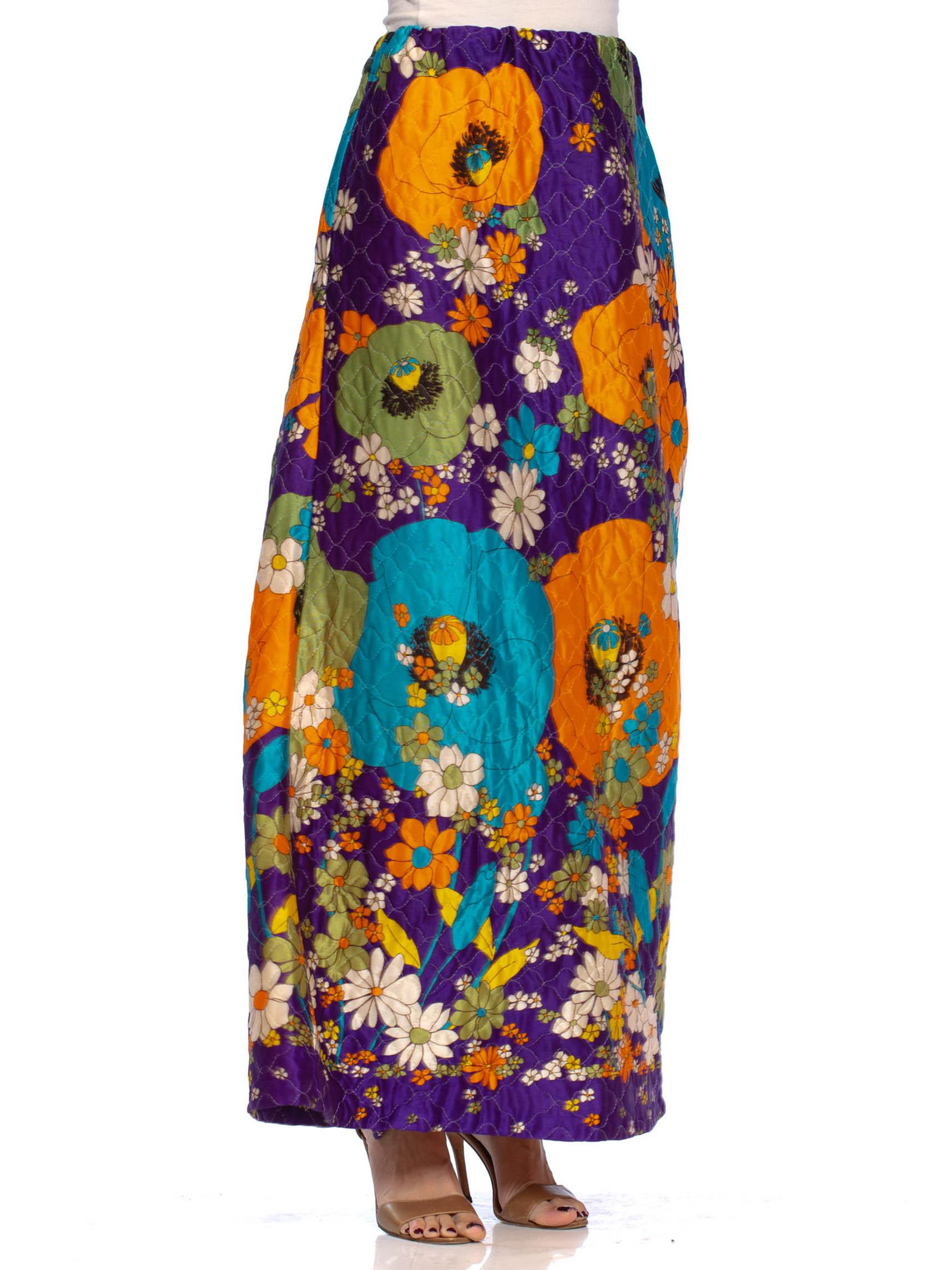 Women's 1970S Purple Quilted Acetate Mod Floral Printed Maxi Skirt Gucci Style
