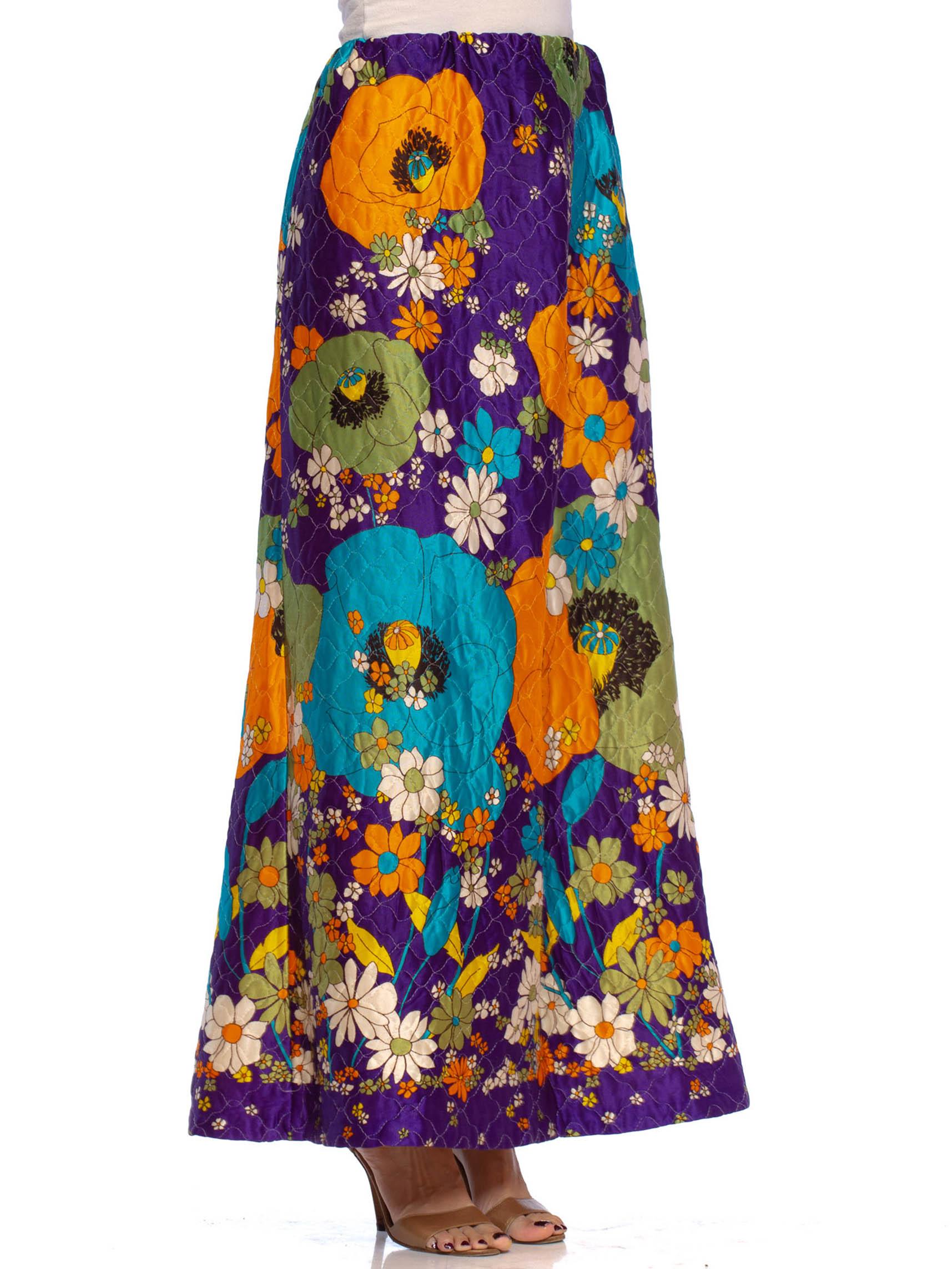1970S Purple Quilted Acetate Mod Floral Printed Maxi Skirt Gucci Style 1
