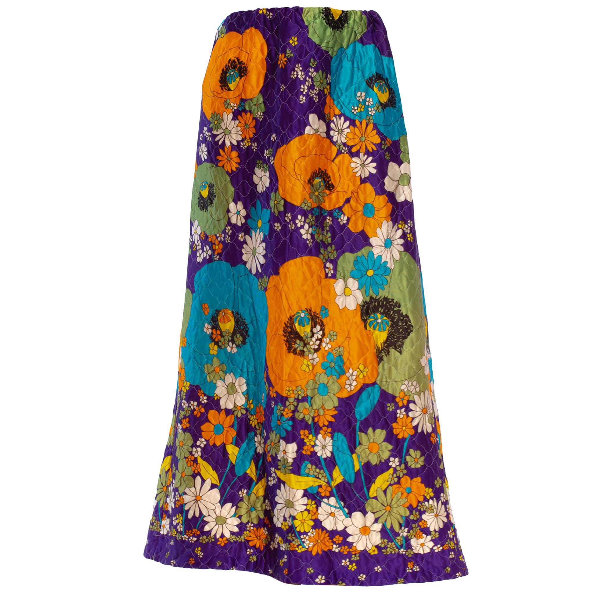 1970S Purple Quilted Acetate Mod Floral Printed Maxi Skirt Gucci Style