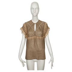 1970's GUCCI tan linen blouse top with lace trim & pointelle stitching