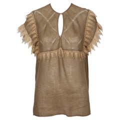 1970er GUCCI hellbraunes Leinenblusentop mit Spitzenbesatz und Pointelle-Nähten