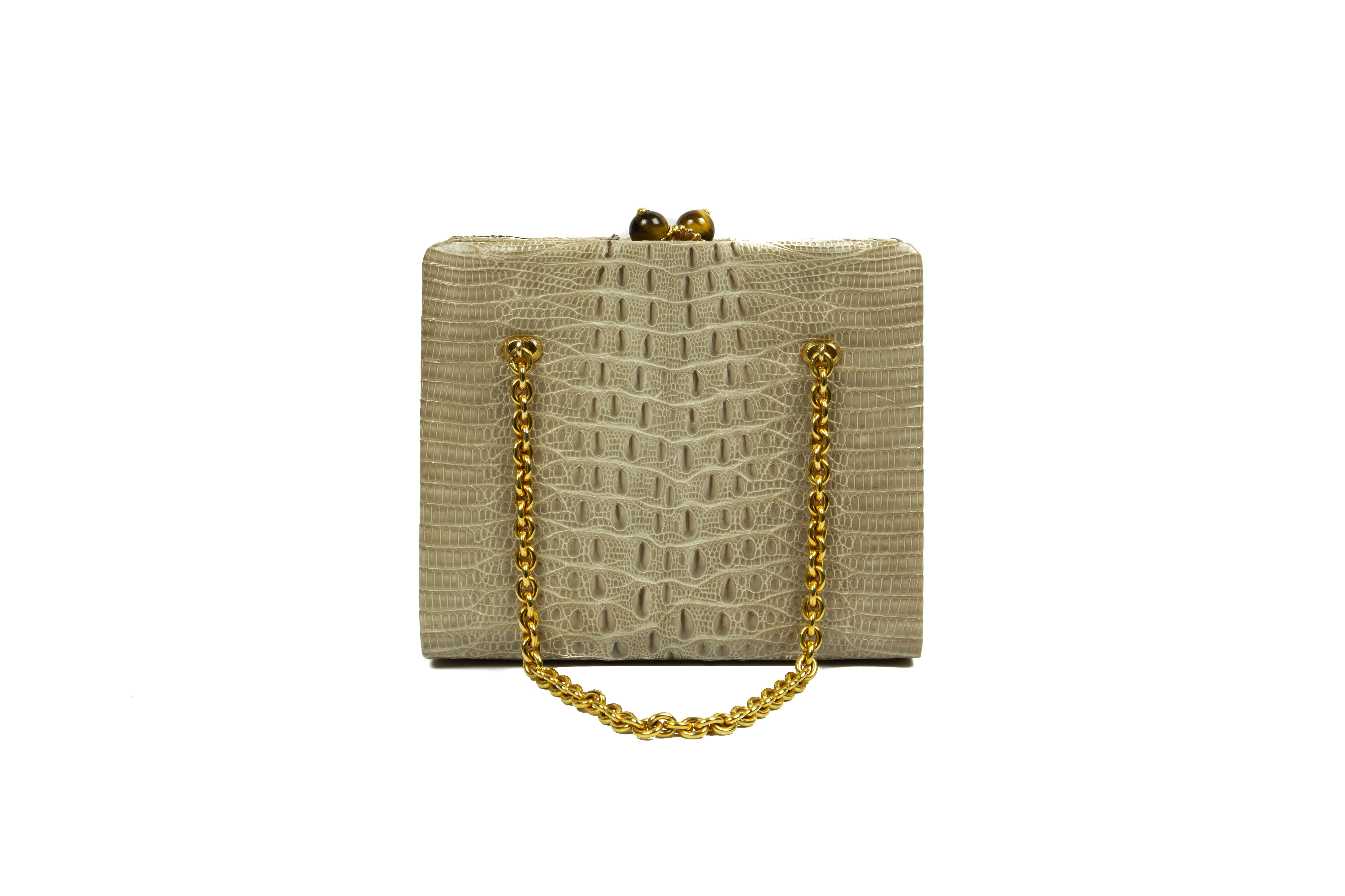 Brown 1970s Gucci Taupe Alligator Handbag