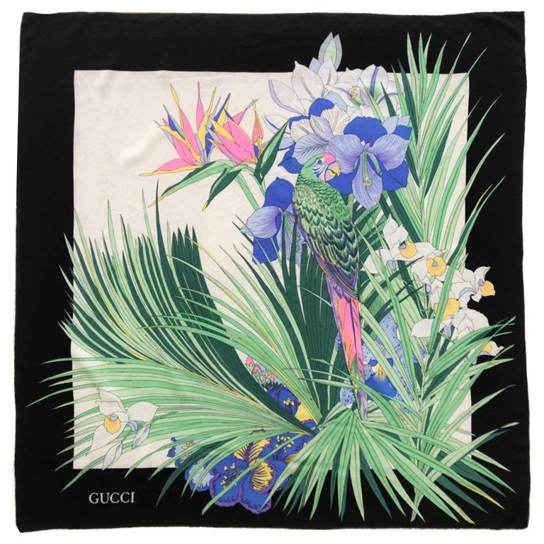 1970s Gucci Tropical Exotic Parrot Print Silk Scarf For Sale