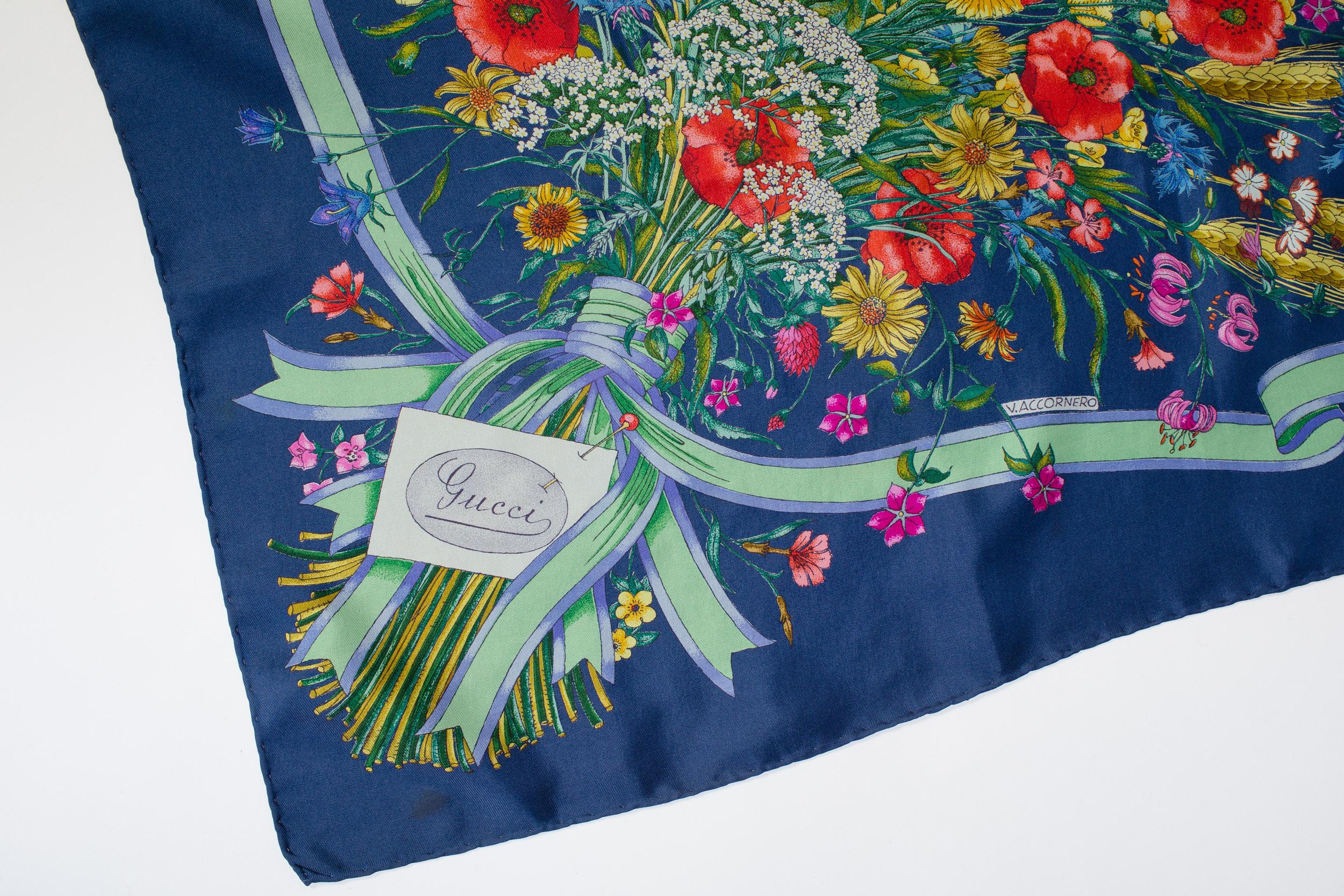 1970S GUCCI V. Accornero Hand Printed Floral Bouquet Silk Scarf In Excellent Condition In New York, NY