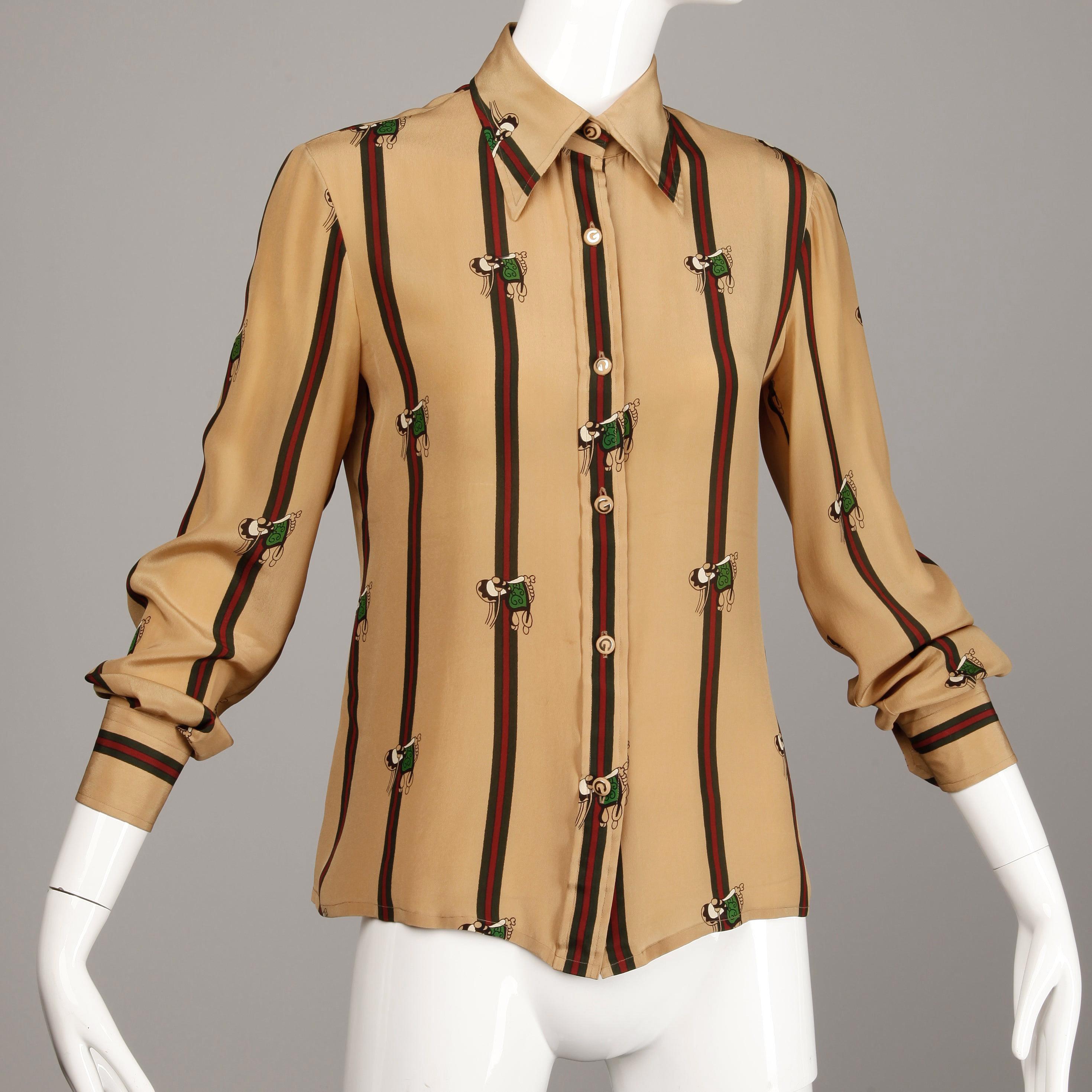 Beige 1970s Gucci Vintage Silk Equestrian Blouse
