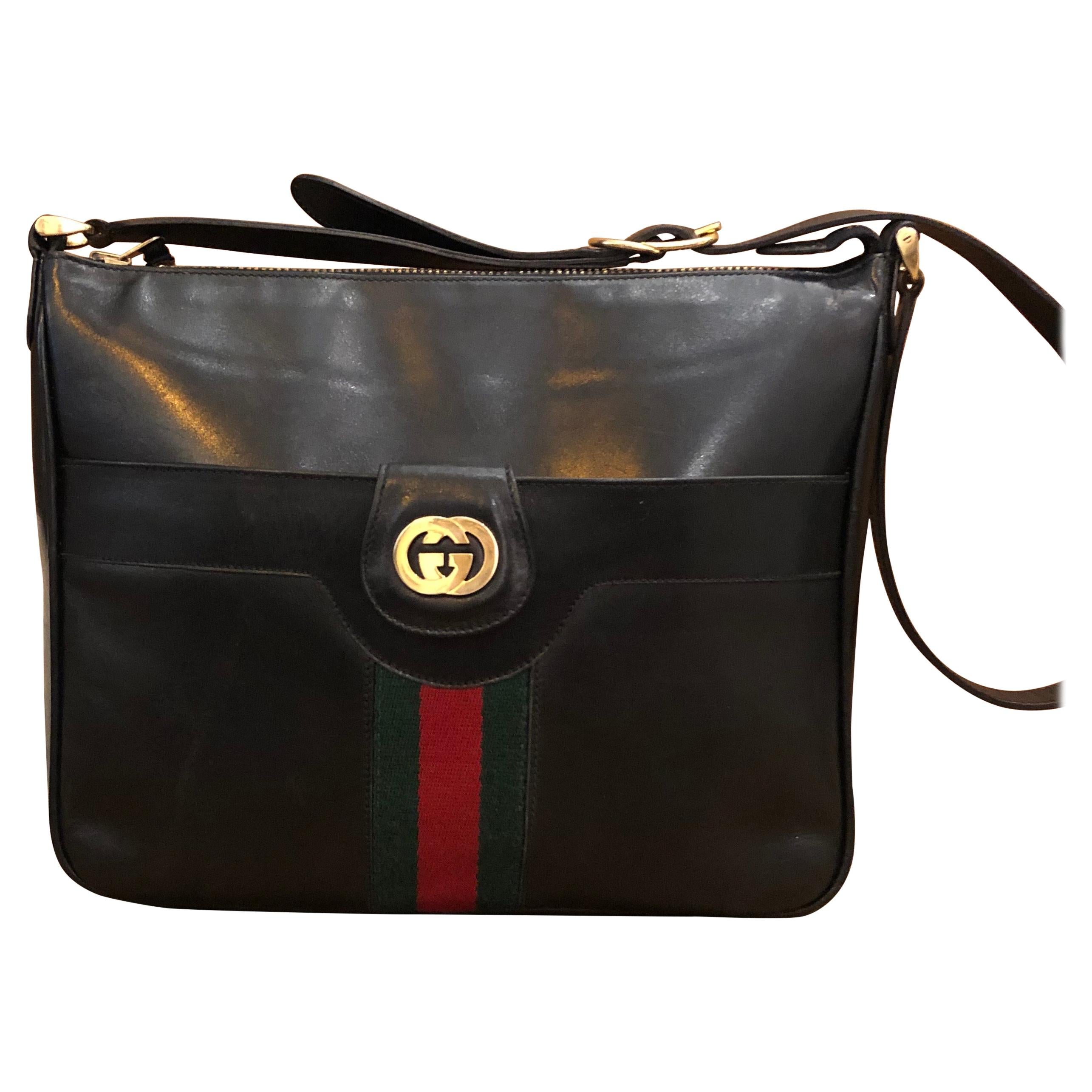 1970s GUCCI Web Black Leather Shoulder Bag Unisex