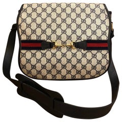 1970 Gucci Web Navy Monogram Canvas Horsebit Borsa a tracolla Messenger