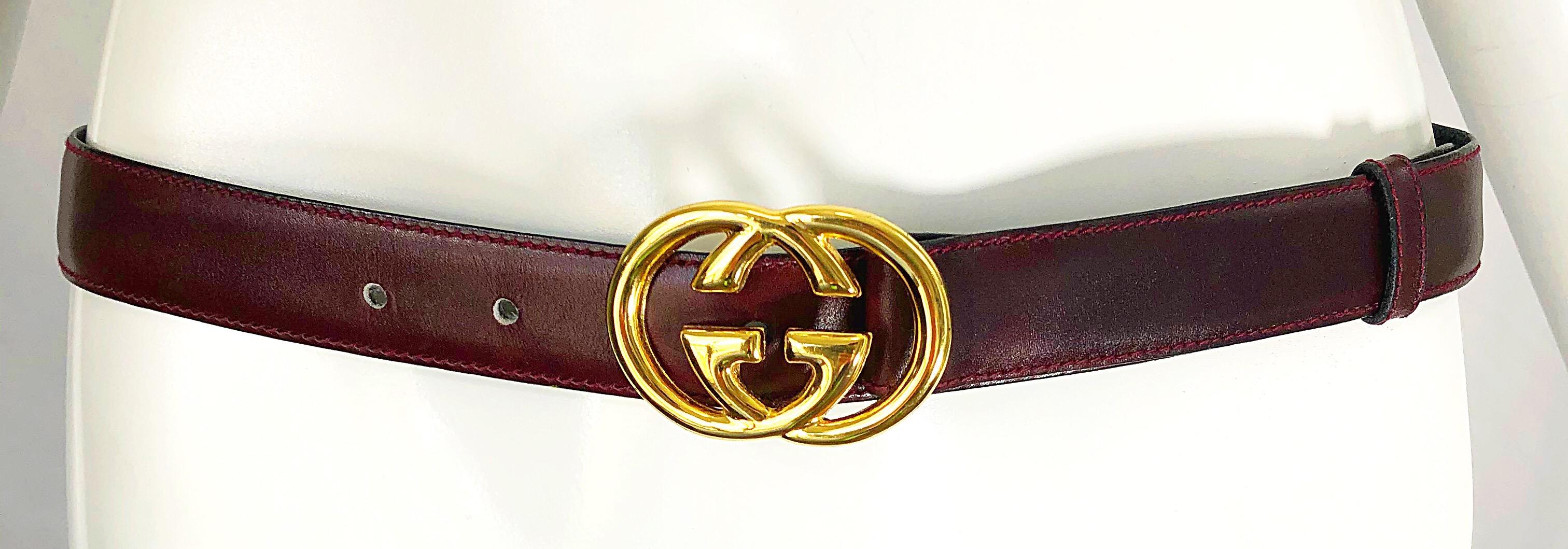 1970s Gucci Women's Cordovan Burgundy Gold GG Logo Vintage 70s Thin Leather Belt 3