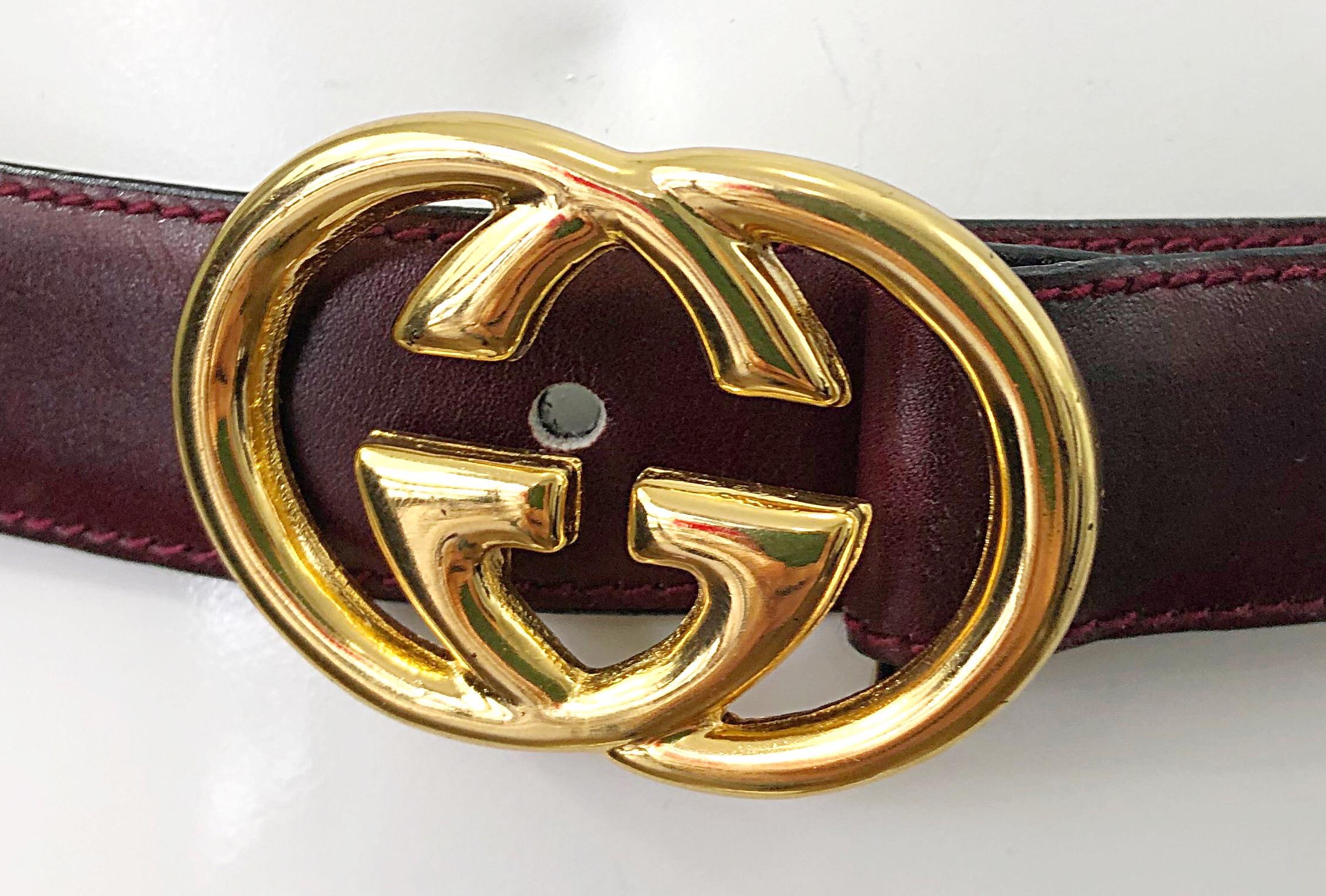 Classic 1970s GUCCI cordovan / burgundy maroon women's thin leather belt ! Features a rich cordovan color that goes with anything, and is perfect any time of year. Gold metal GG logo buckle. Great with jeans, skirt, shorts, over a blouse, or over a