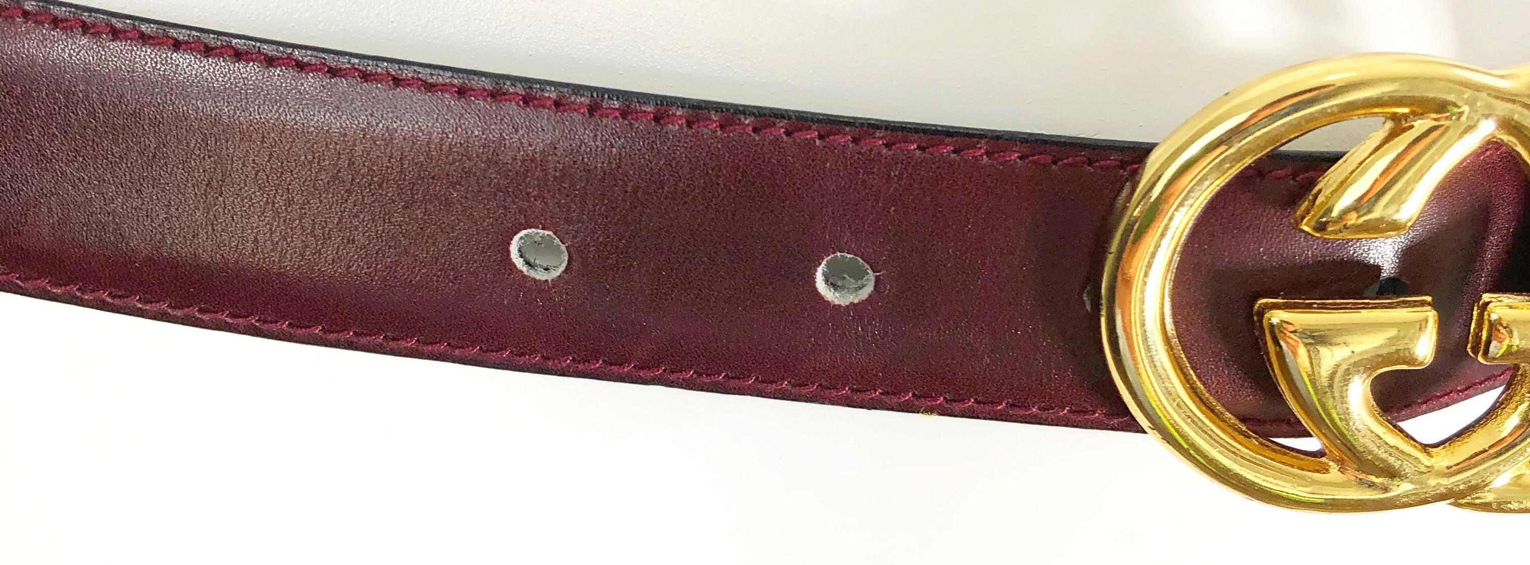 1970s Gucci Women's Cordovan Burgundy Gold GG Logo Vintage 70s Thin Leather Belt In Excellent Condition In San Diego, CA