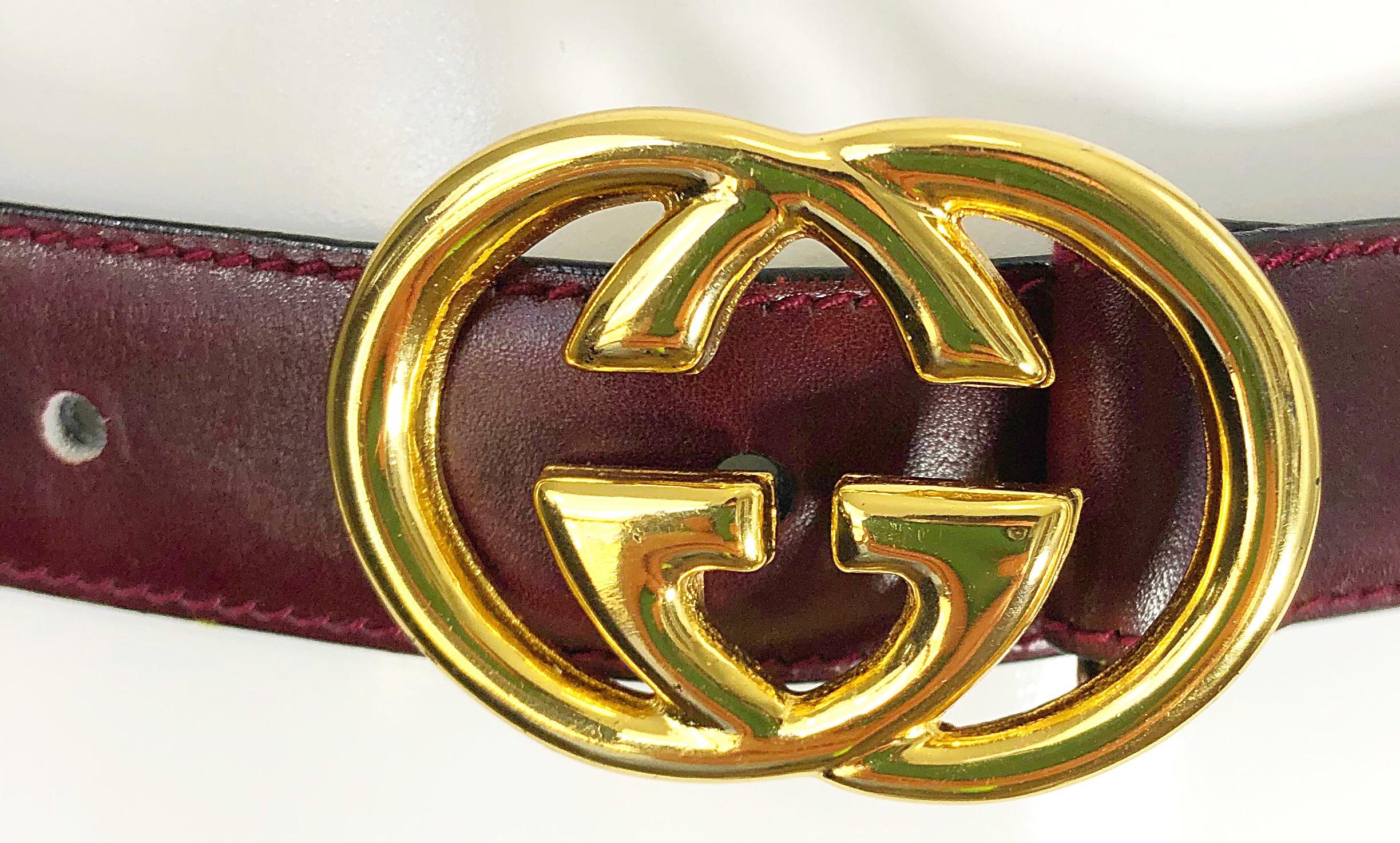 1970s Gucci Women's Cordovan Burgundy Gold GG Logo Vintage 70s Thin Leather Belt 1